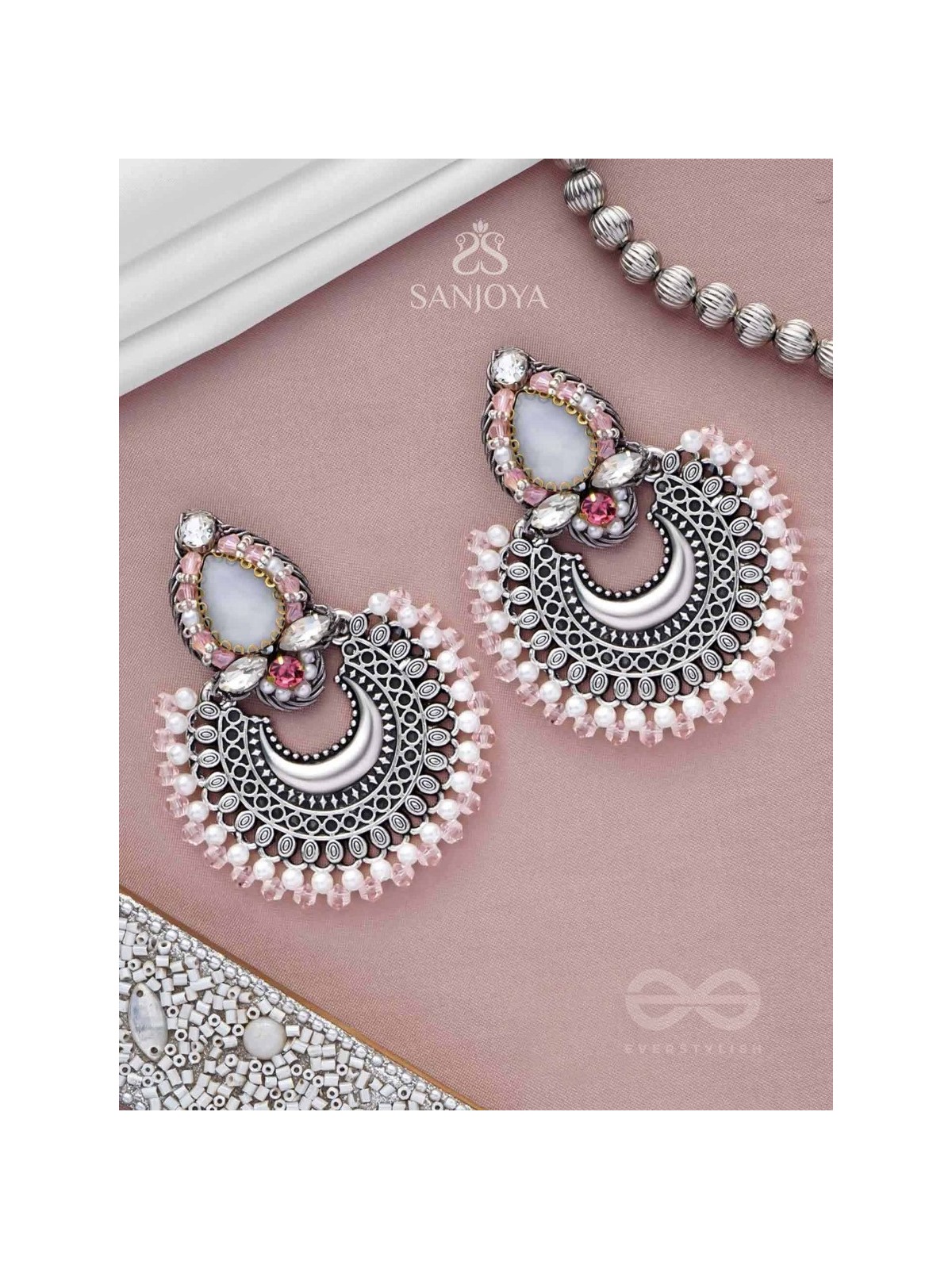 Chandrabhaas - Moon Like Appearance - Beads And Stones Hand Embroidered Oxidised Earrings