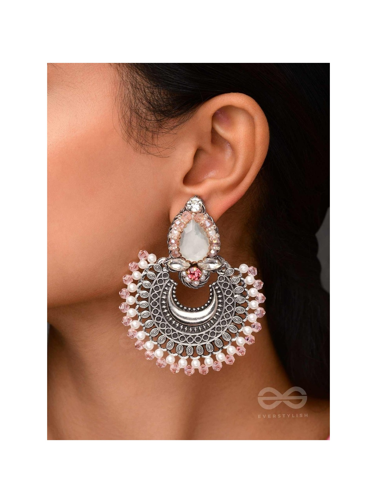 Chandrabhaas - Moon Like Appearance - Beads And Stones Hand Embroidered Oxidised Earrings