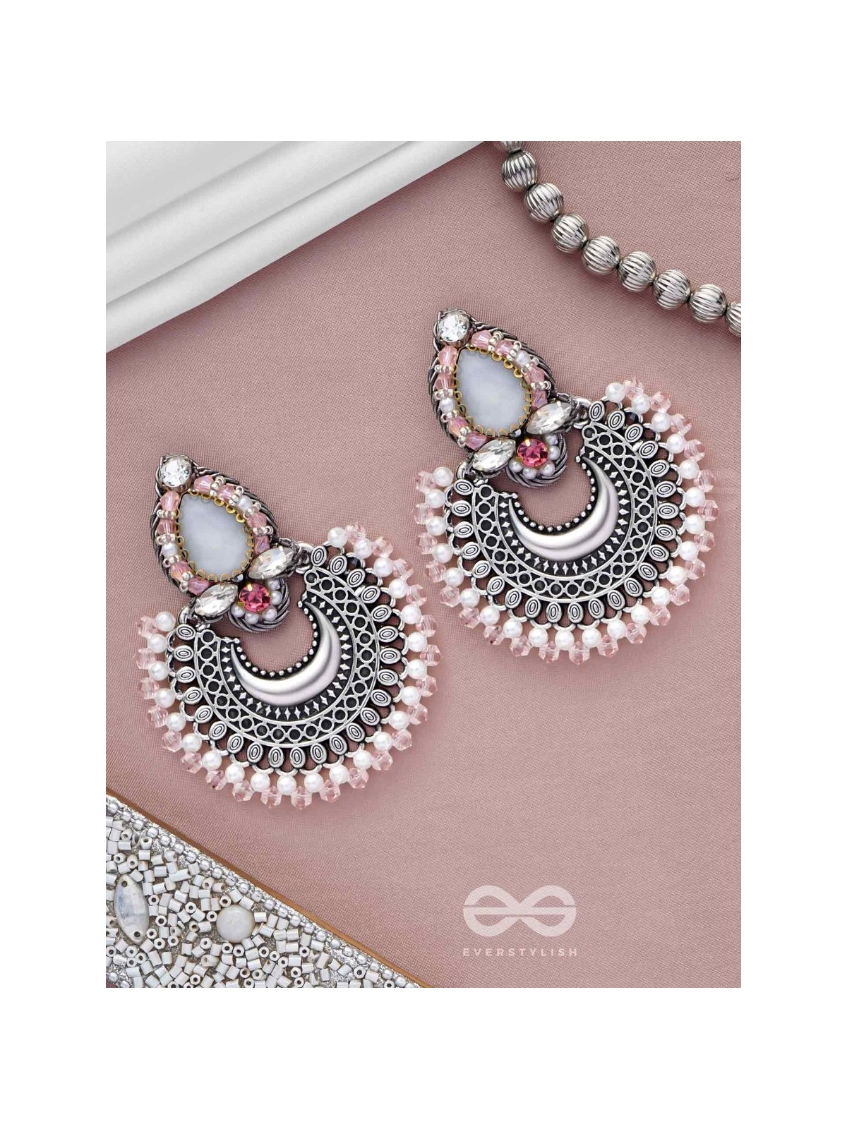 Chandrabhaas - Moon Like Appearance - Beads And Stones Hand Embroidered Oxidised Earrings