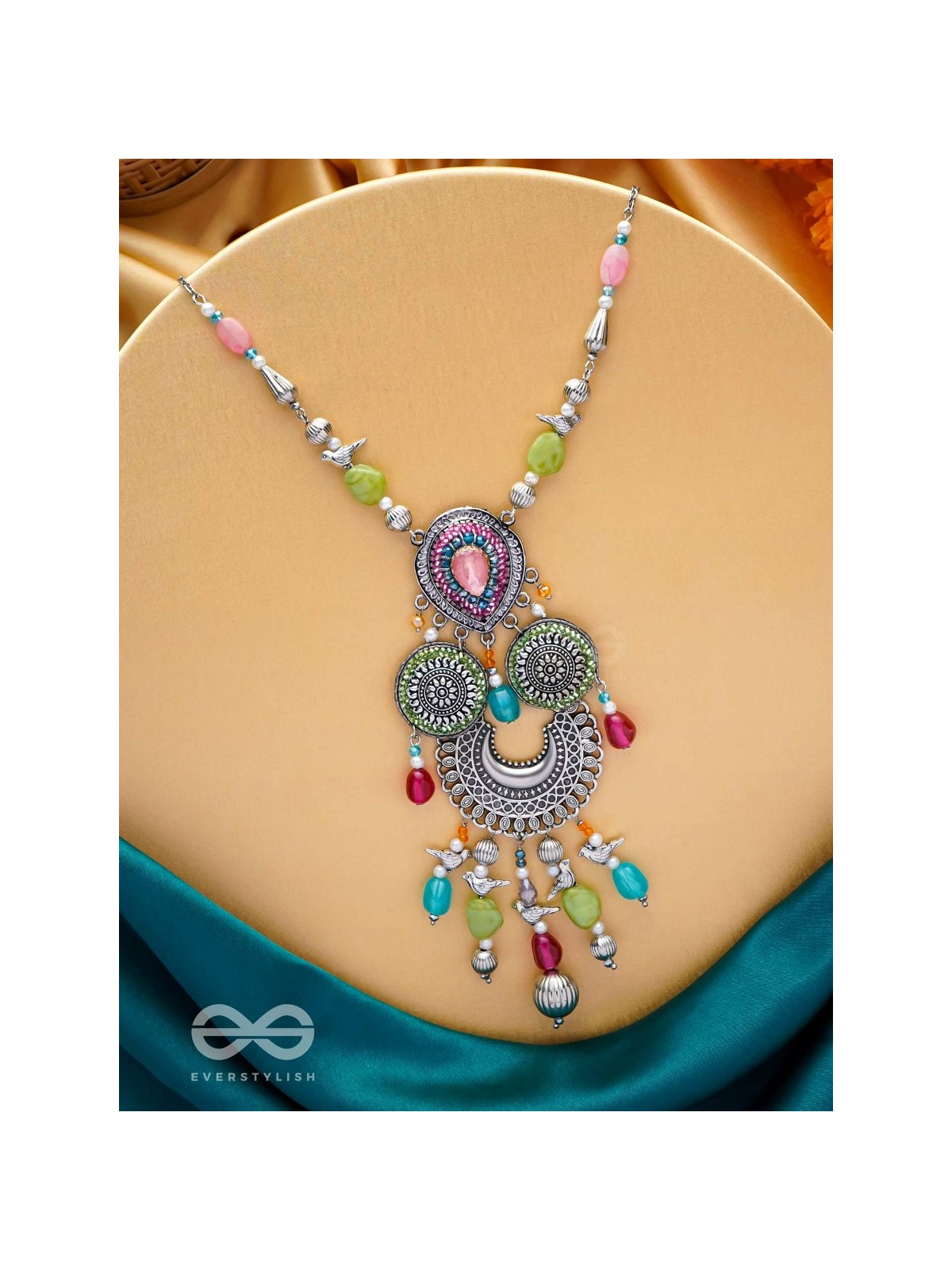 RANGAVARIDHI - PALETTE OF COLORS - STONES, BEADS AND GLASS DROP EMBROIDERED AND OXIDISED NECKPIECE (MULTICOLOR)