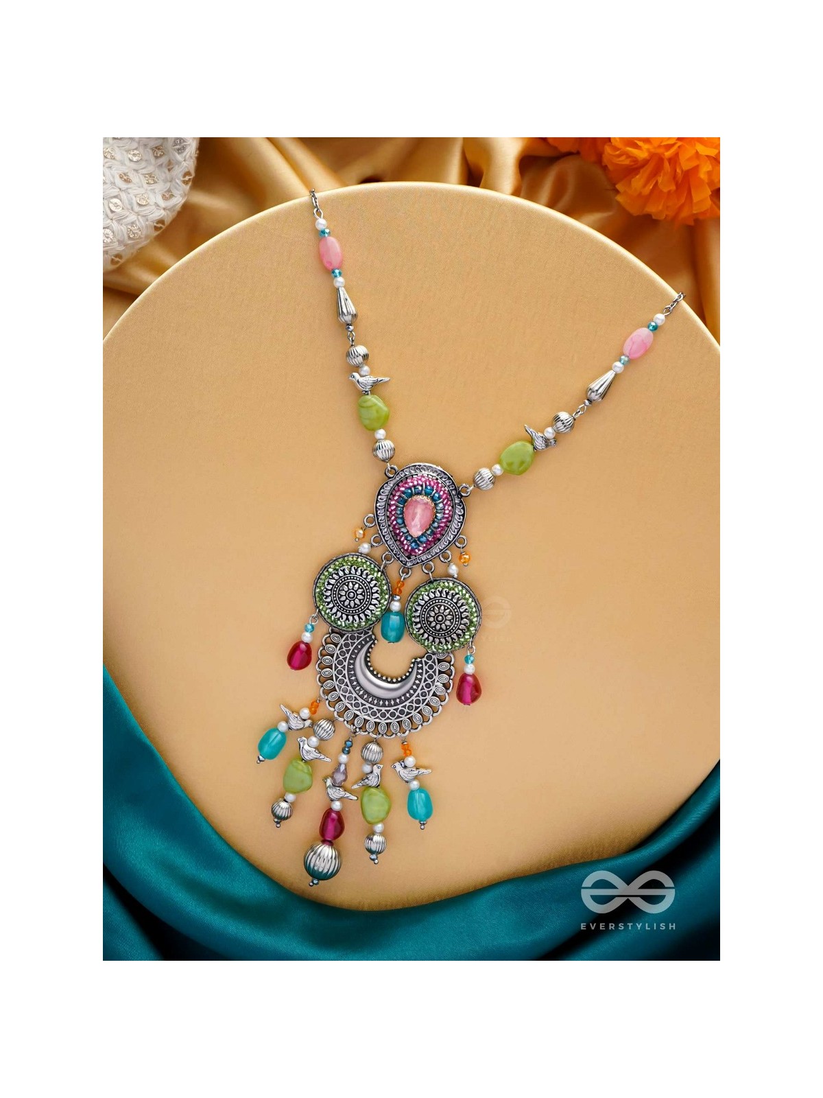RANGAVARIDHI - PALETTE OF COLORS - STONES, BEADS AND GLASS DROP EMBROIDERED AND OXIDISED NECKPIECE (MULTICOLOR)