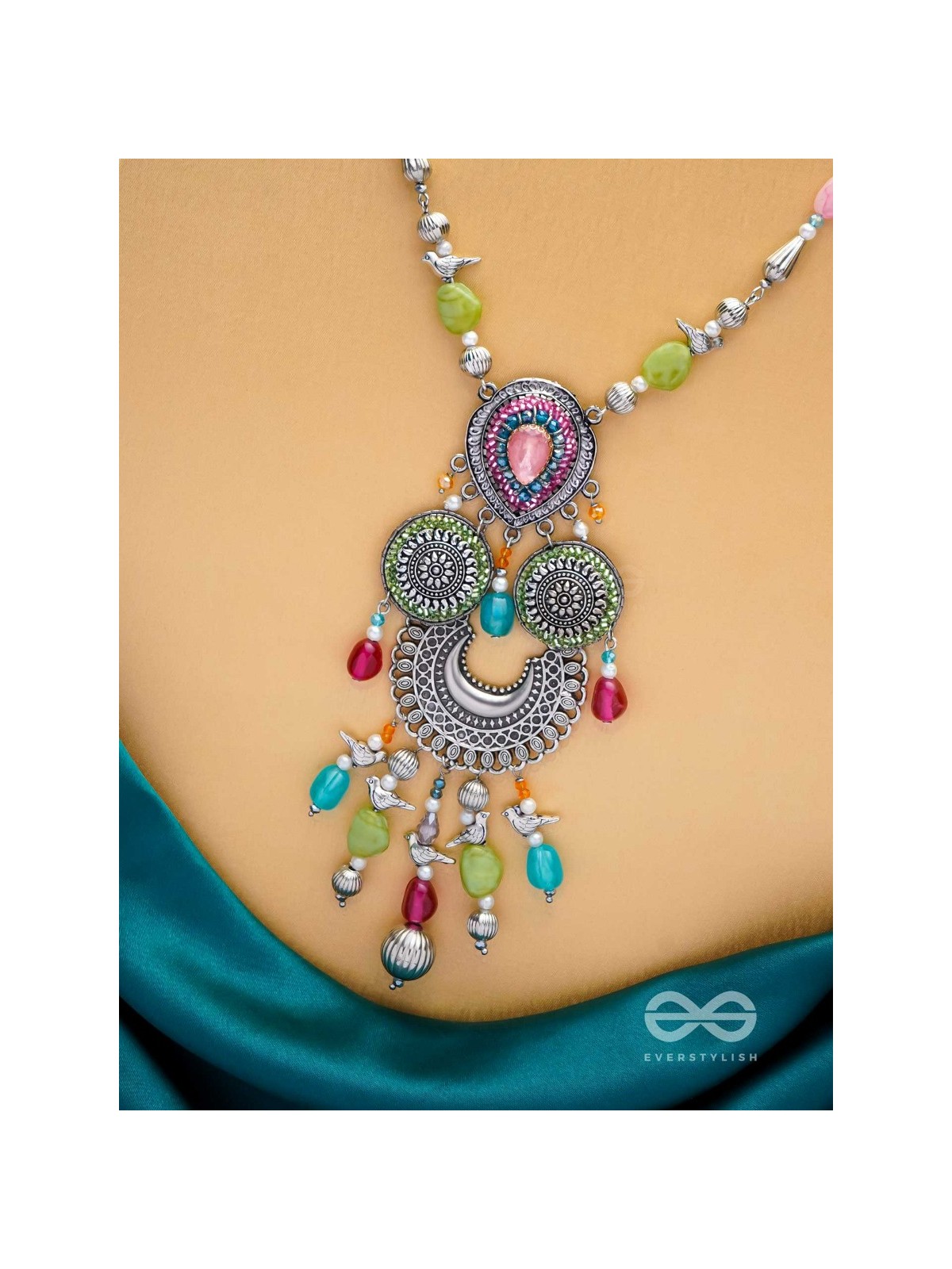 RANGAVARIDHI - PALETTE OF COLORS - STONES, BEADS AND GLASS DROP EMBROIDERED AND OXIDISED NECKPIECE (MULTICOLOR)