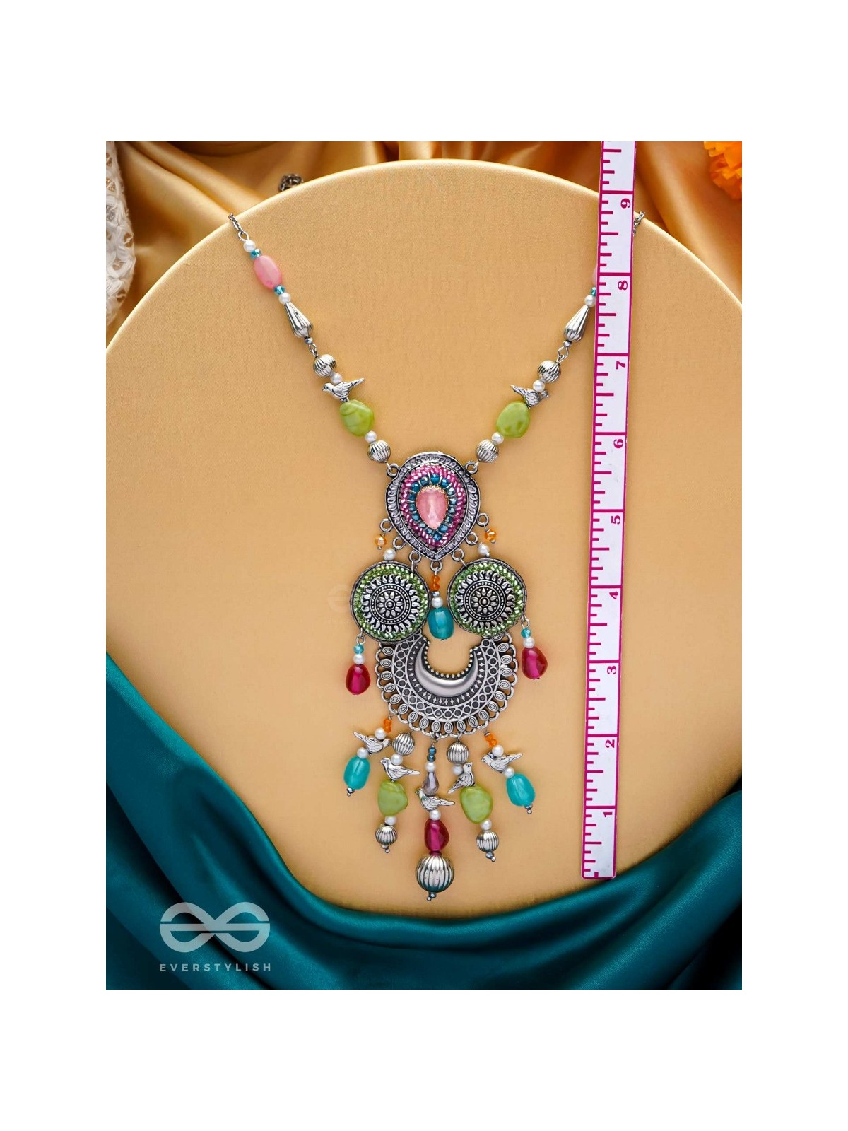 RANGAVARIDHI - PALETTE OF COLORS - STONES, BEADS AND GLASS DROP EMBROIDERED AND OXIDISED NECKPIECE (MULTICOLOR)