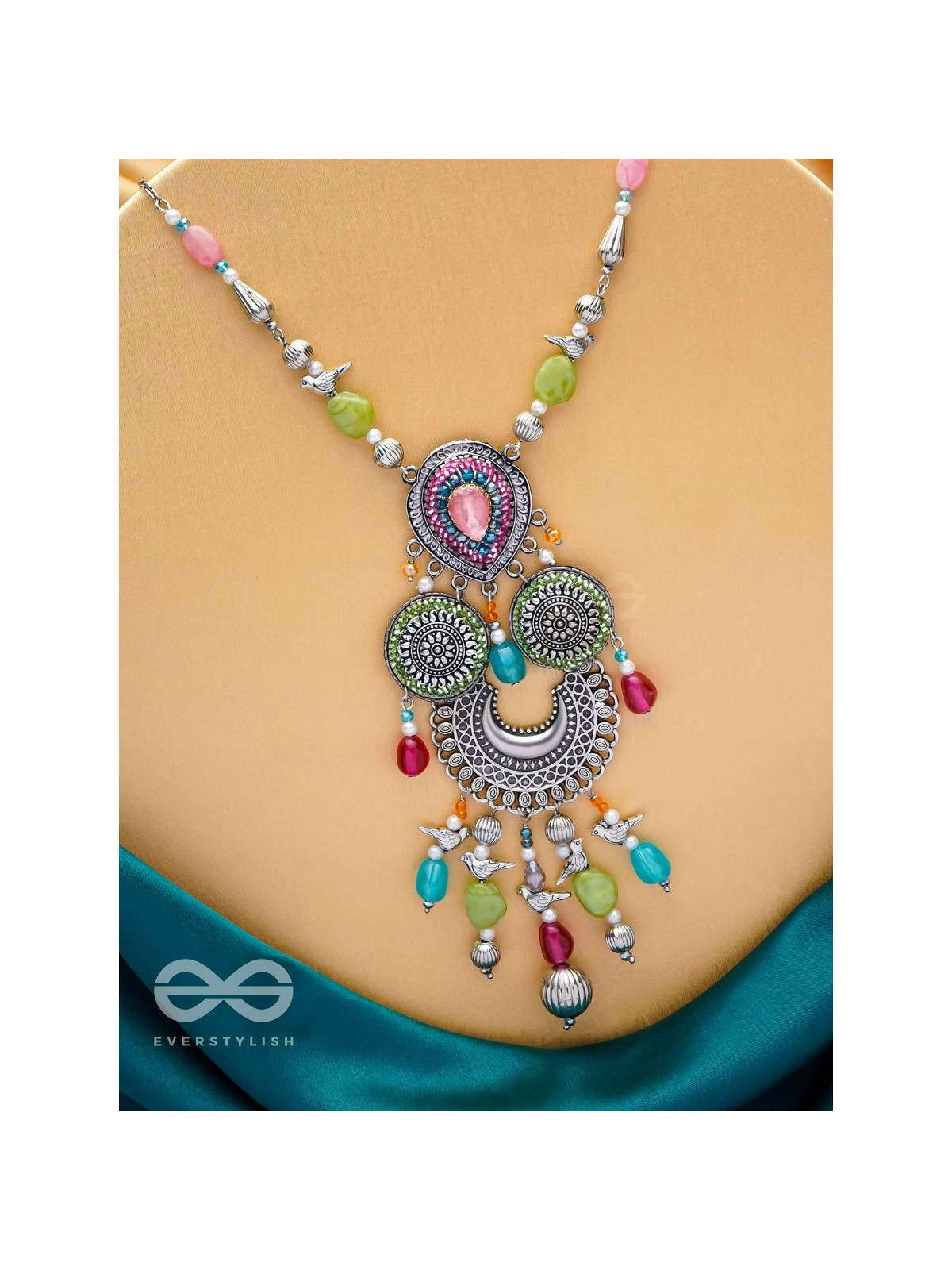 RANGAVARIDHI - PALETTE OF COLORS - STONES, BEADS AND GLASS DROP EMBROIDERED AND OXIDISED NECKPIECE (MULTICOLOR)
