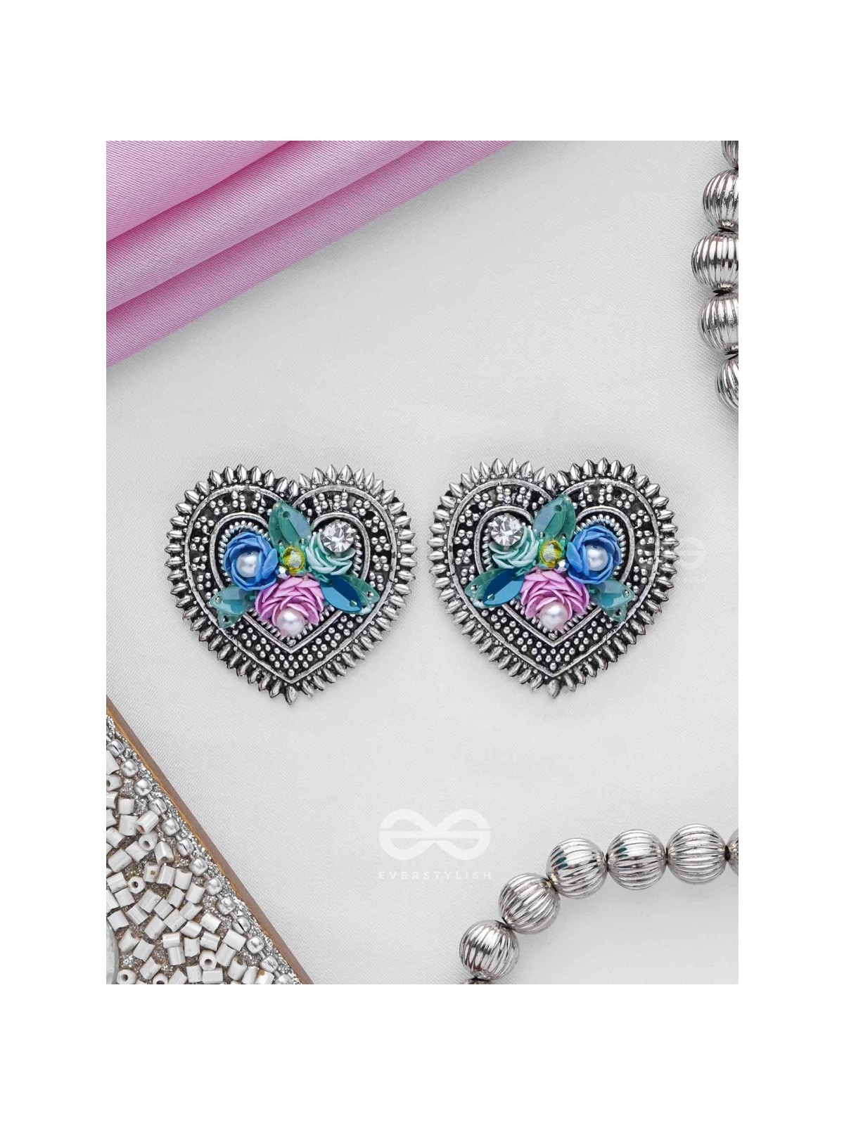 KUSUMAVARTA - THE HEART OF FLOWERS - SEQUINS, BEADS AND PEARLS EMBROIDERED AND OXIDISED STUD EARRINGS