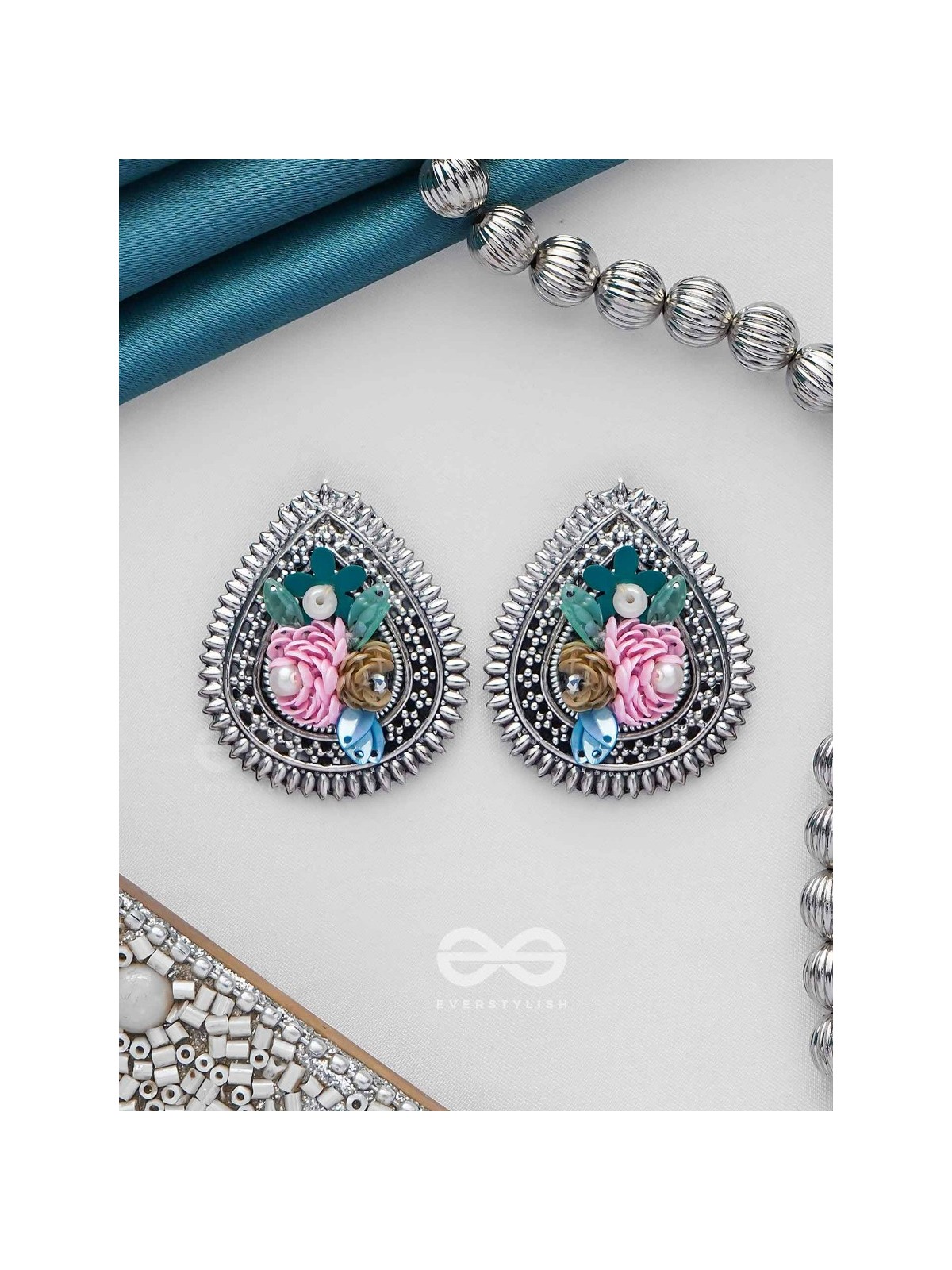 RIMBA- THE FLOWER DROP - SEQUINS AND PEARLS EMBROIDERED AND OXIDISED EARRINGS