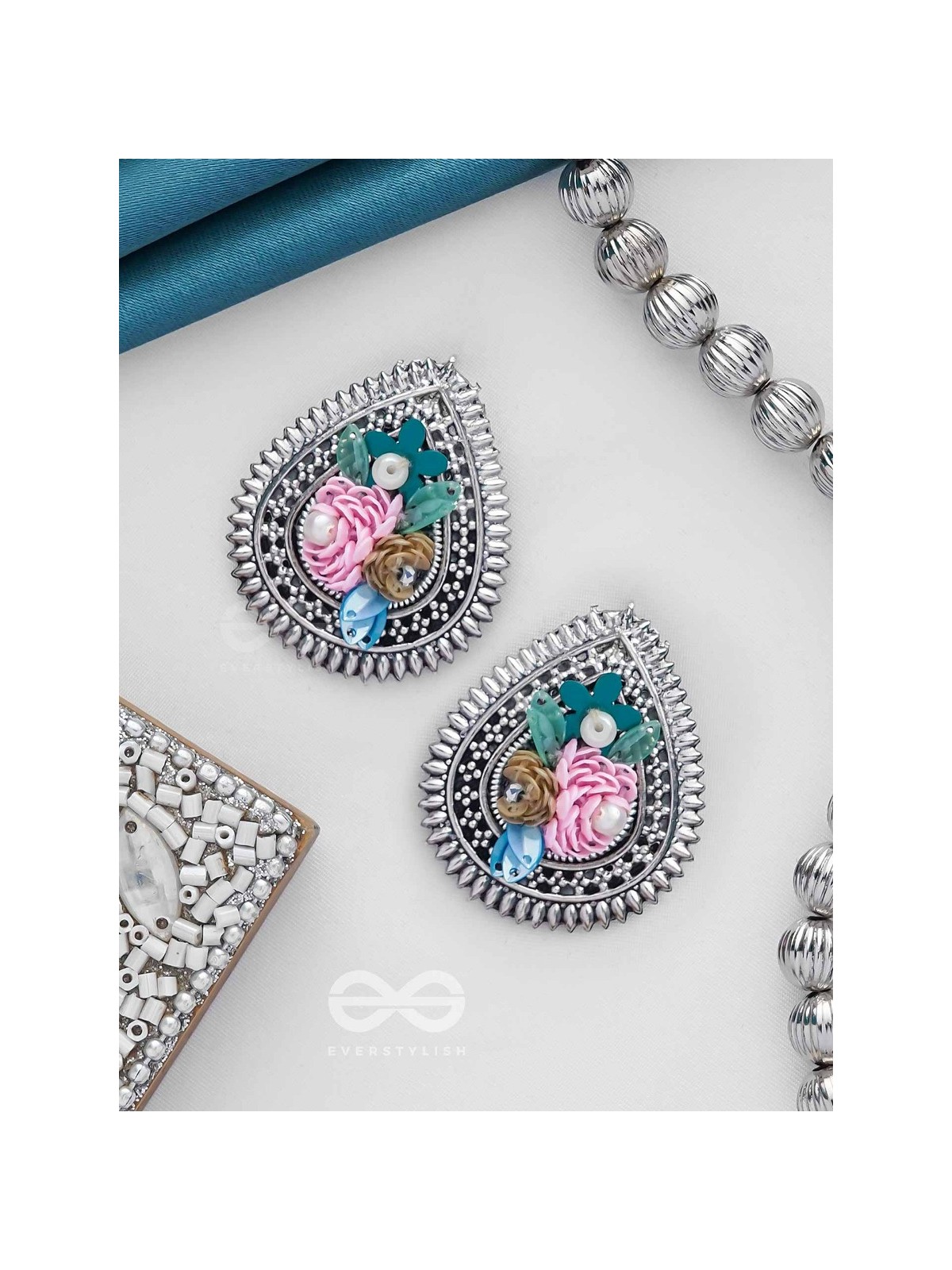 RIMBA- THE FLOWER DROP - SEQUINS AND PEARLS EMBROIDERED AND OXIDISED EARRINGS
