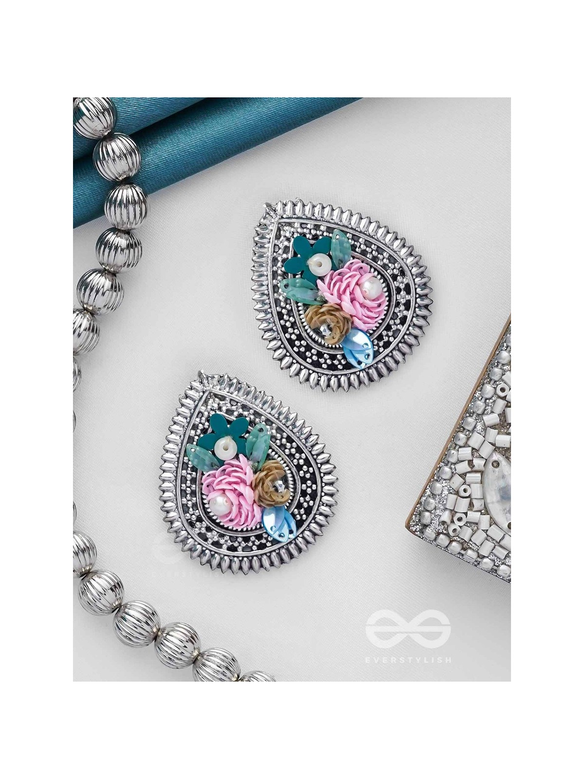 RIMBA- THE FLOWER DROP - SEQUINS AND PEARLS EMBROIDERED AND OXIDISED EARRINGS