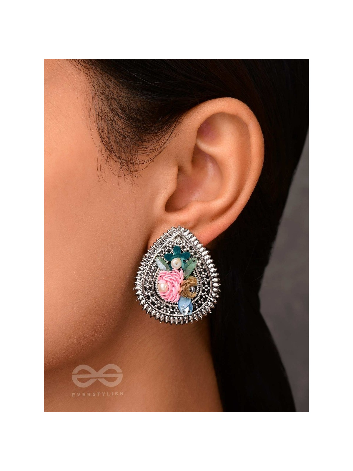 RIMBA- THE FLOWER DROP - SEQUINS AND PEARLS EMBROIDERED AND OXIDISED EARRINGS