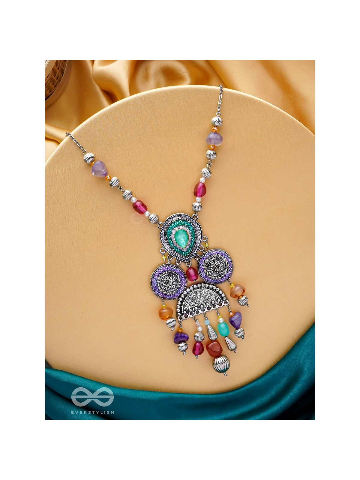 CHITRAVARNA - THE COLORFUL CHARMS - STONE AND GLASS DROPS EMBROIDERED AND OXIDISED NECKPIECE (MULTICOLOR)