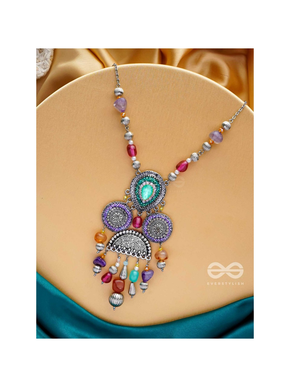 CHITRAVARNA - THE COLORFUL CHARMS - STONE AND GLASS DROPS EMBROIDERED AND OXIDISED NECKPIECE (MULTICOLOR)
