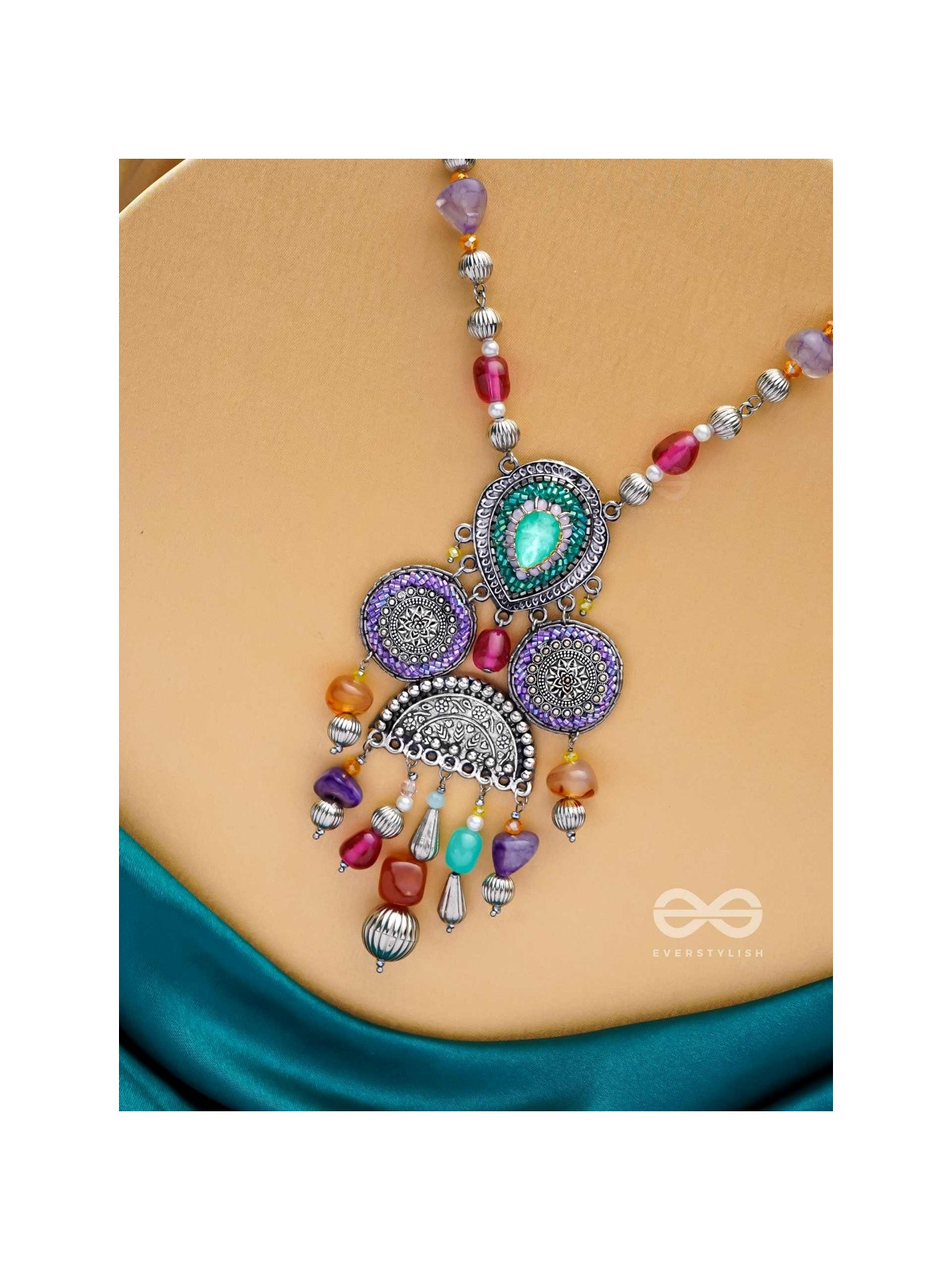 CHITRAVARNA - THE COLORFUL CHARMS - STONE AND GLASS DROPS EMBROIDERED AND OXIDISED NECKPIECE (MULTICOLOR)