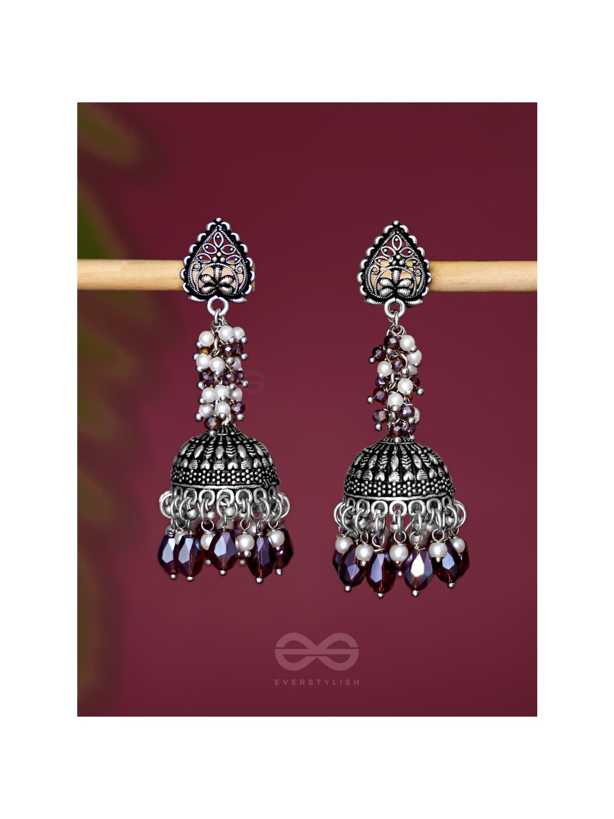 THE TINSEL SWIRLS - BEADED OXIDISED JHUMKA EARRINGS (BROWN)