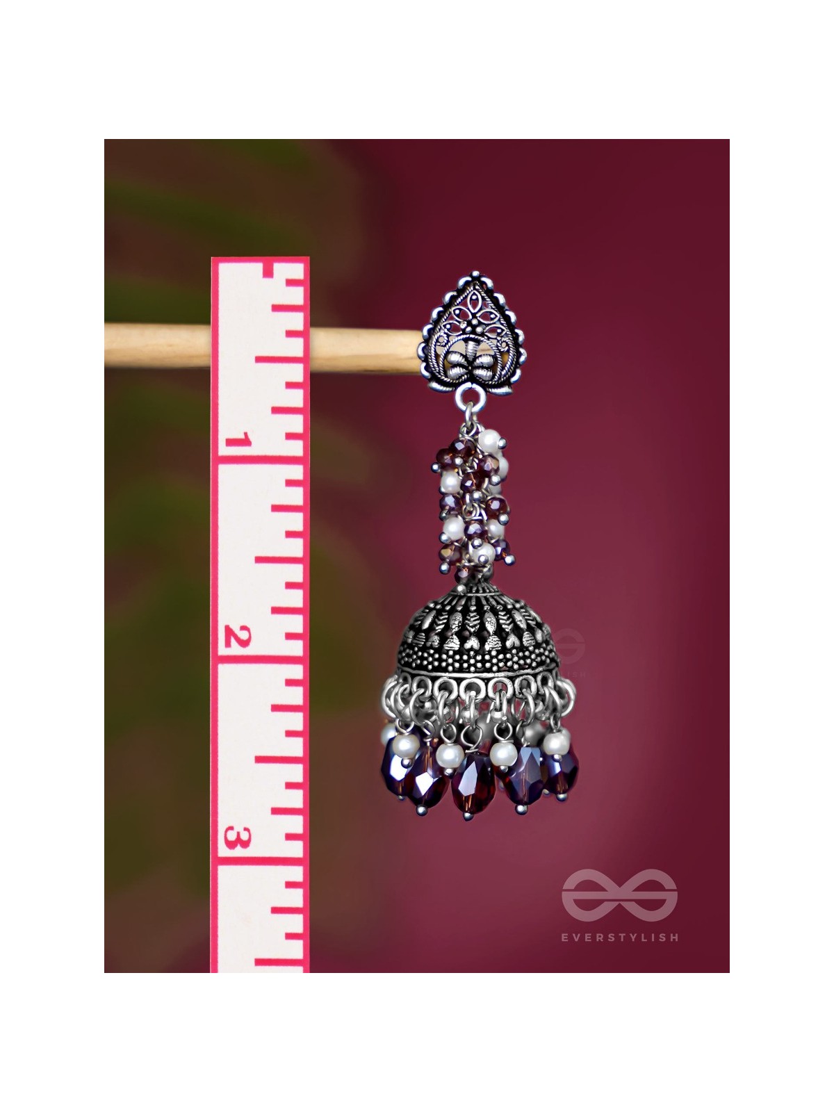 THE TINSEL SWIRLS - BEADED OXIDISED JHUMKA EARRINGS (BROWN)