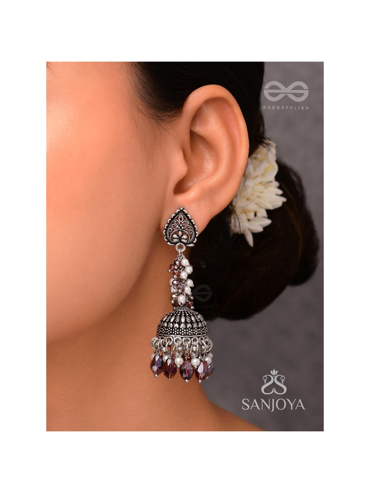 THE TINSEL SWIRLS - BEADED OXIDISED JHUMKA EARRINGS (BROWN)