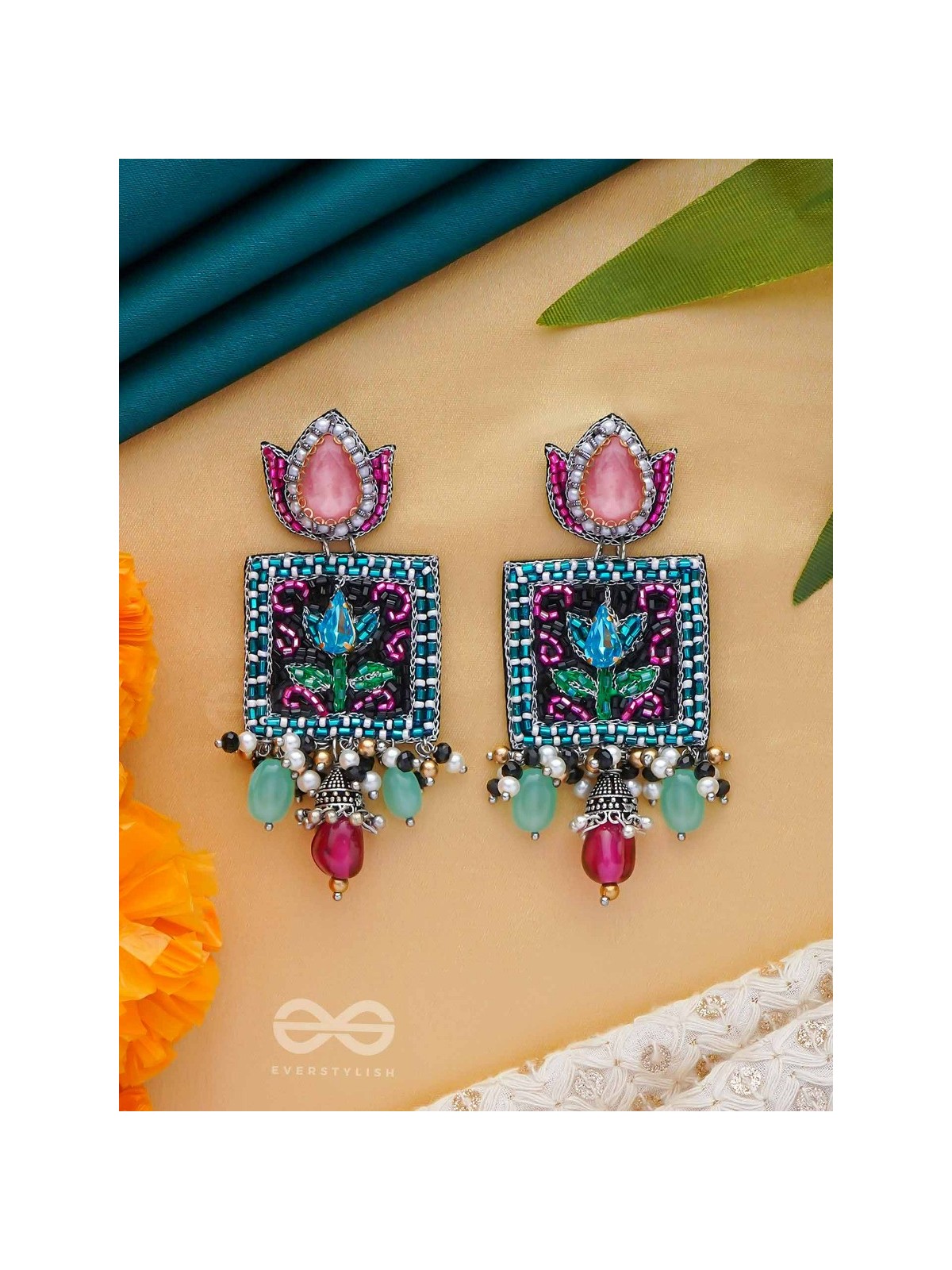 Dyuti - The Blooming Radiance - Stones, Cutdana And Beads Hand Embroidered Earrings (Multicolor)