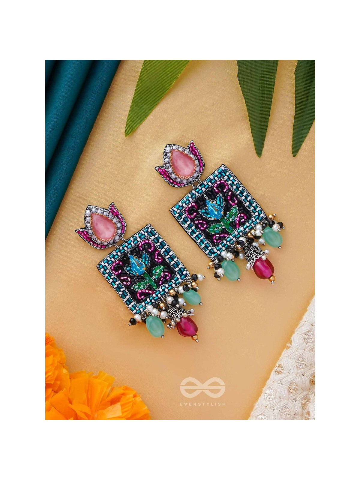 Dyuti - The Blooming Radiance - Stones, Cutdana And Beads Hand Embroidered Earrings (Multicolor)