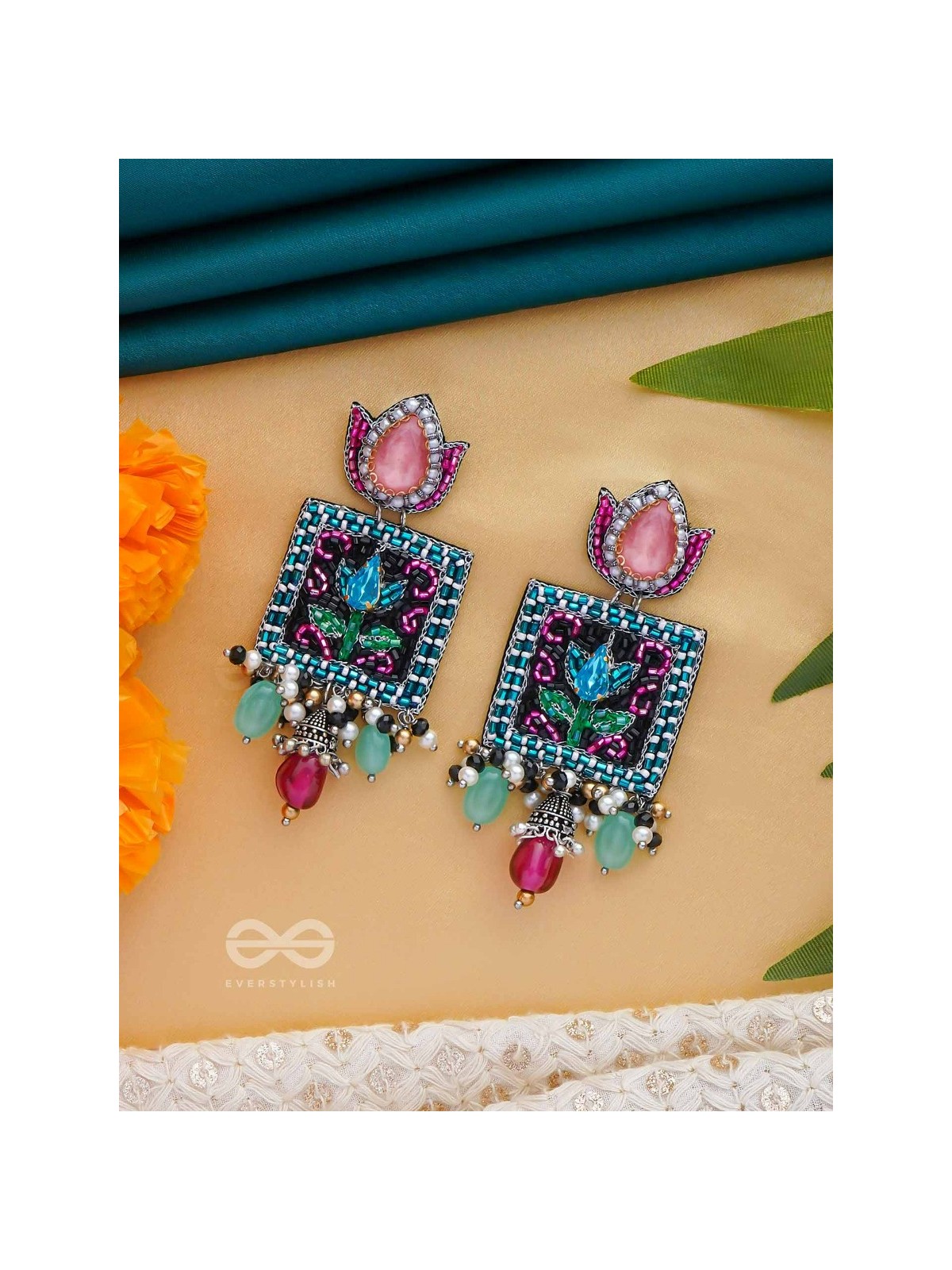 Dyuti - The Blooming Radiance - Stones, Cutdana And Beads Hand Embroidered Earrings (Multicolor)