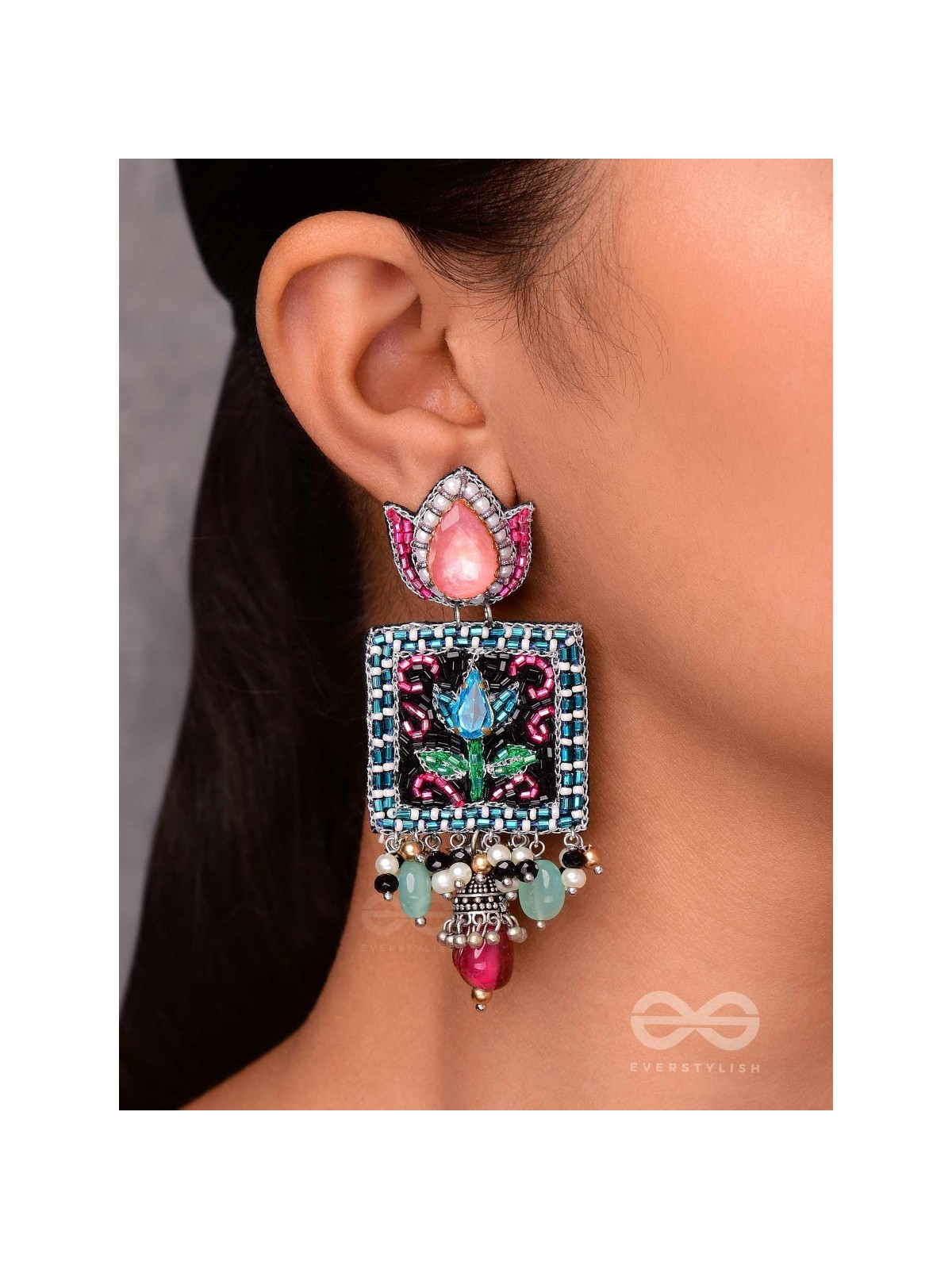 Dyuti - The Blooming Radiance - Stones, Cutdana And Beads Hand Embroidered Earrings (Multicolor)