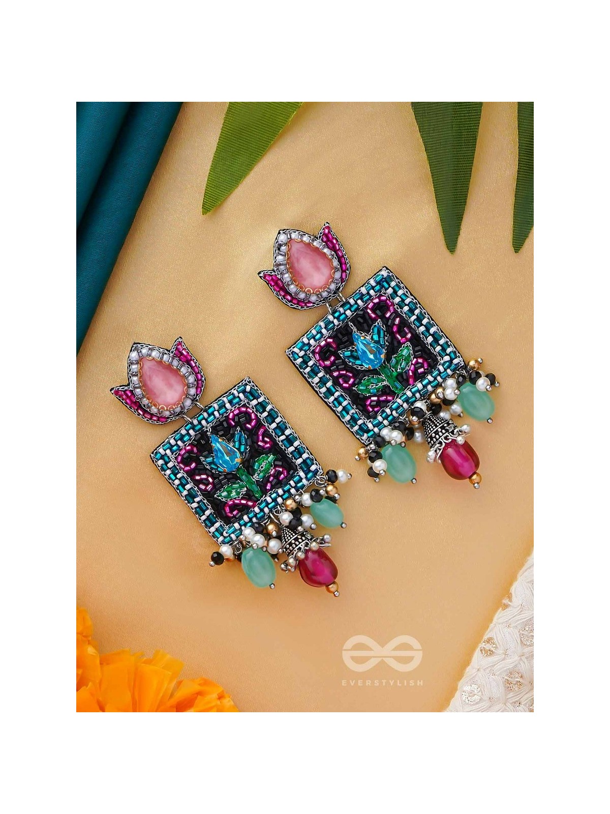 Dyuti - The Blooming Radiance - Stones, Cutdana And Beads Hand Embroidered Earrings (Multicolor)