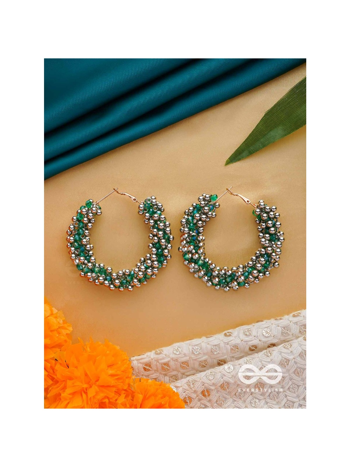 THE MISTLETOE MARVELS - BEADED HOOP EARRINGS (SILVER AND GREEN)