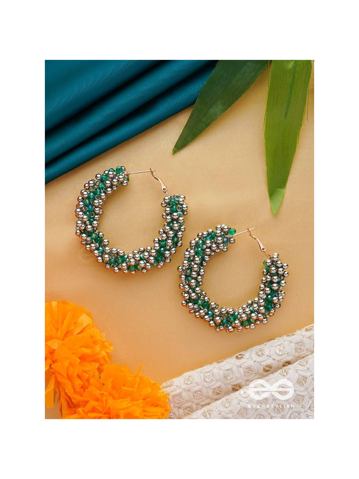 THE MISTLETOE MARVELS - BEADED HOOP EARRINGS (SILVER AND GREEN)