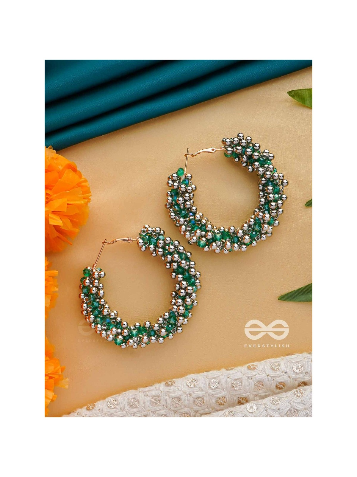 THE MISTLETOE MARVELS - BEADED HOOP EARRINGS (SILVER AND GREEN)