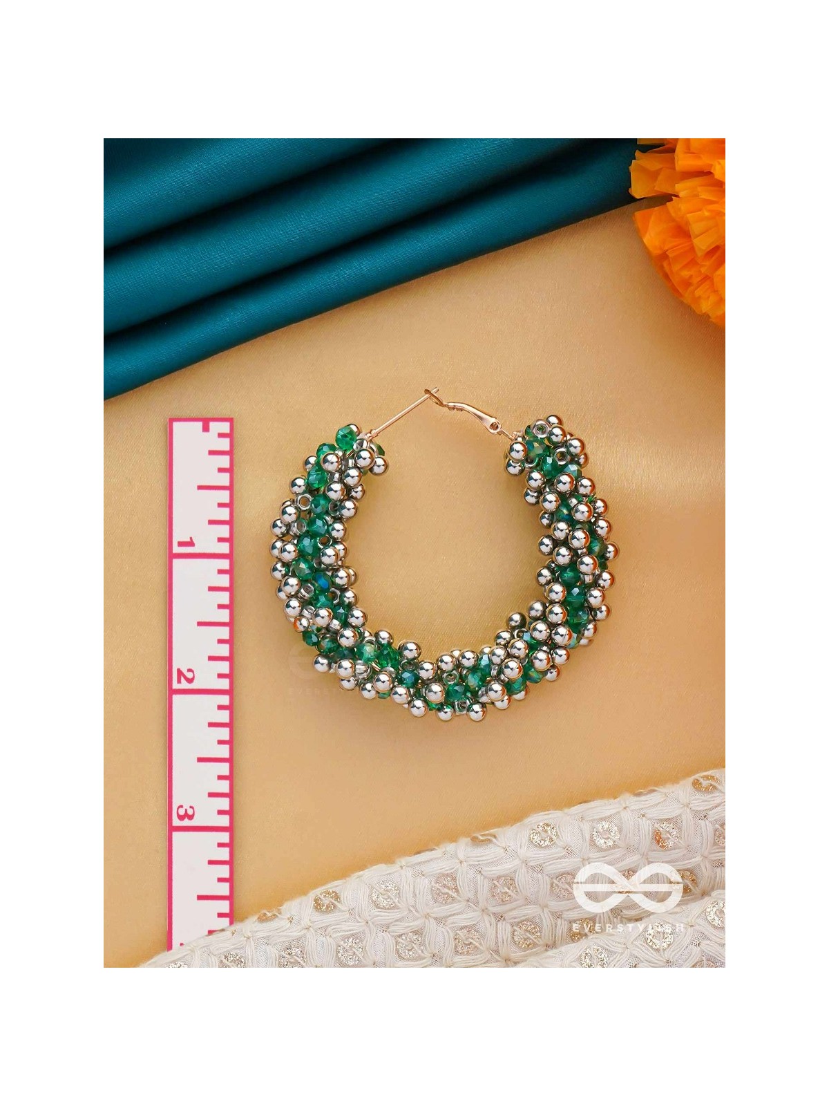 THE MISTLETOE MARVELS - BEADED HOOP EARRINGS (SILVER AND GREEN)