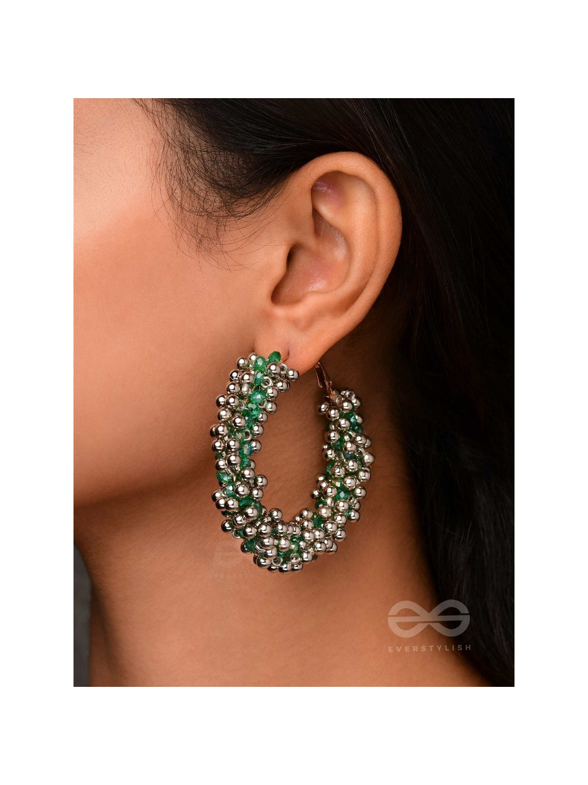 THE MISTLETOE MARVELS - BEADED HOOP EARRINGS (SILVER AND GREEN)