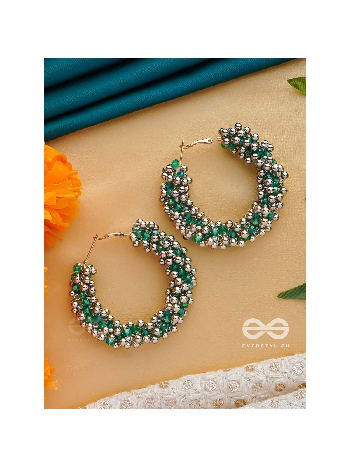THE MISTLETOE MARVELS - BEADED HOOP EARRINGS (SILVER AND GREEN)