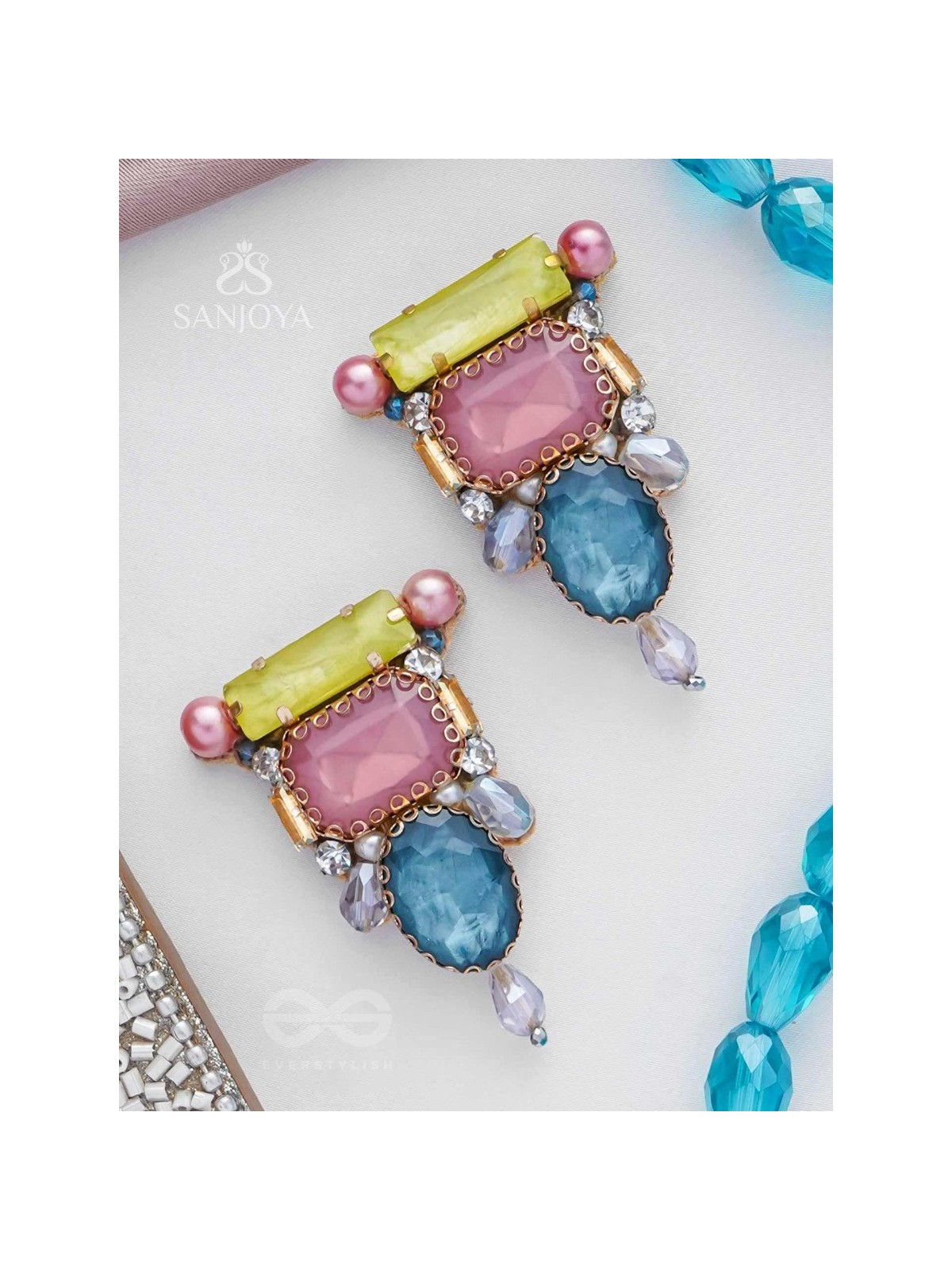 SHRITA - ADORNED WITH STONES - STONE, PEARLS AND GLASS DROP EMBROIDERED EARRINGS
