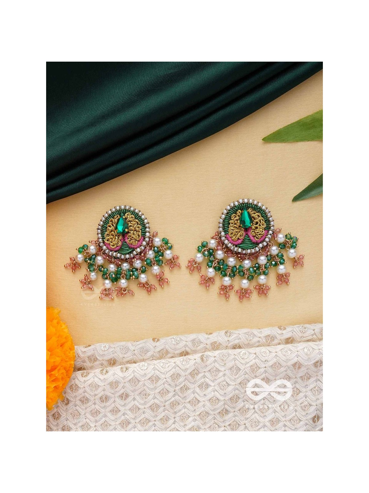 VARNANANDINI - THE COLORFUL DELIGHT - STONE, PEARLS AND BEADS EMBROIDERED EARRINGS (GREEN & PINK)