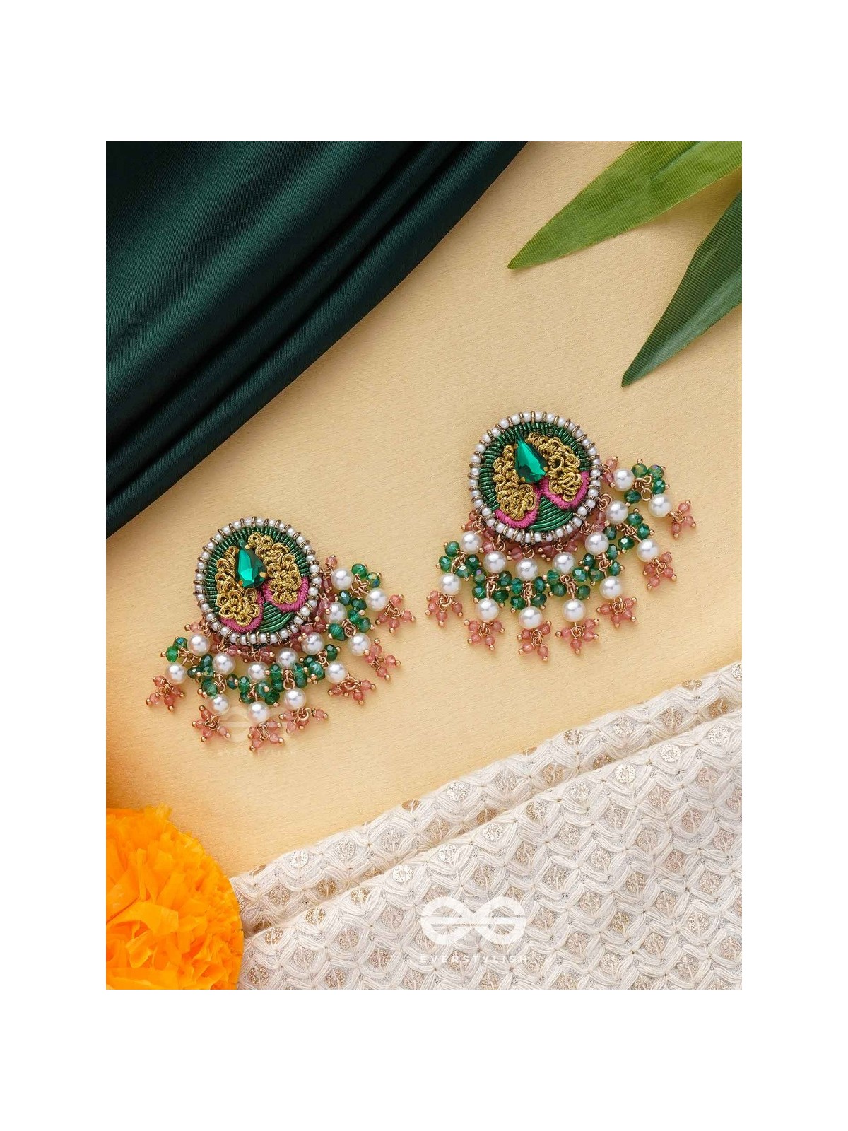 VARNANANDINI - THE COLORFUL DELIGHT - STONE, PEARLS AND BEADS EMBROIDERED EARRINGS (GREEN & PINK)