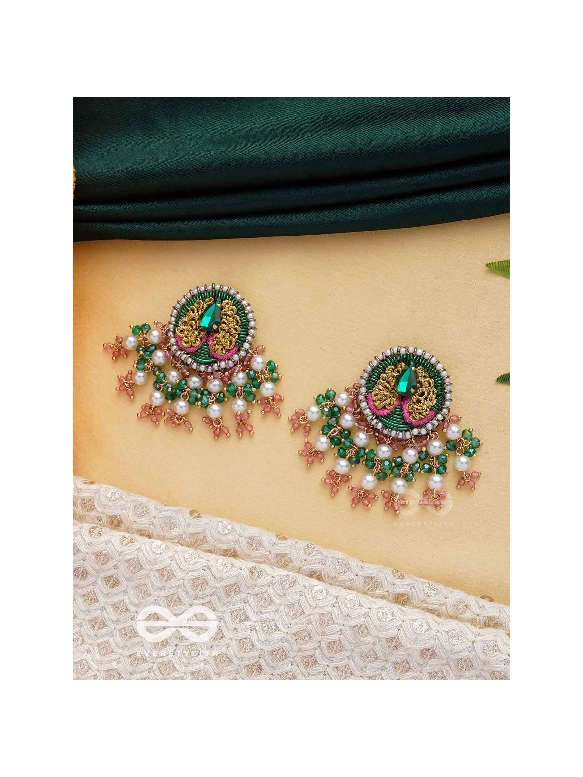 VARNANANDINI - THE COLORFUL DELIGHT - STONE, PEARLS AND BEADS EMBROIDERED EARRINGS (GREEN & PINK)