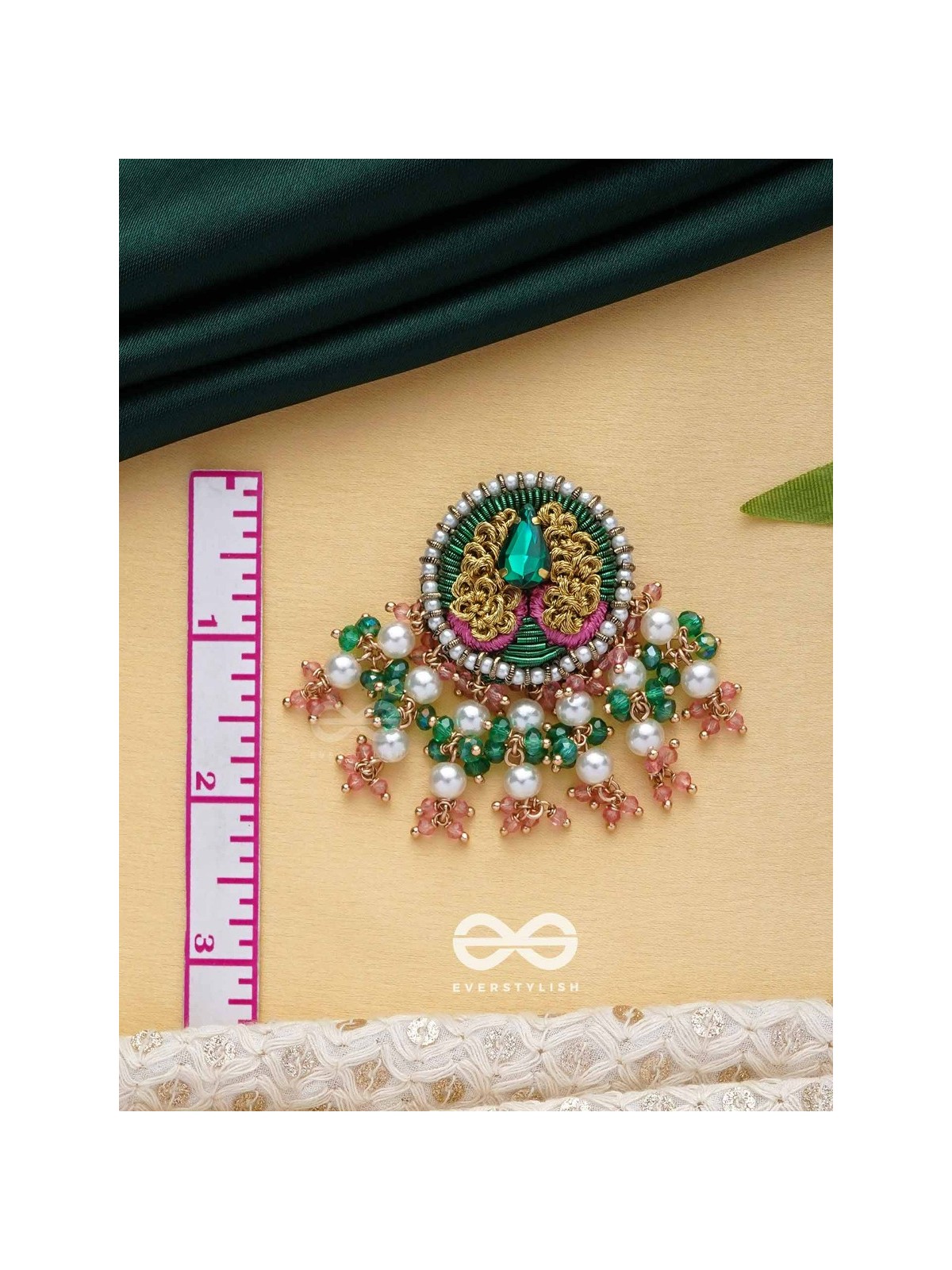 VARNANANDINI - THE COLORFUL DELIGHT - STONE, PEARLS AND BEADS EMBROIDERED EARRINGS (GREEN & PINK)