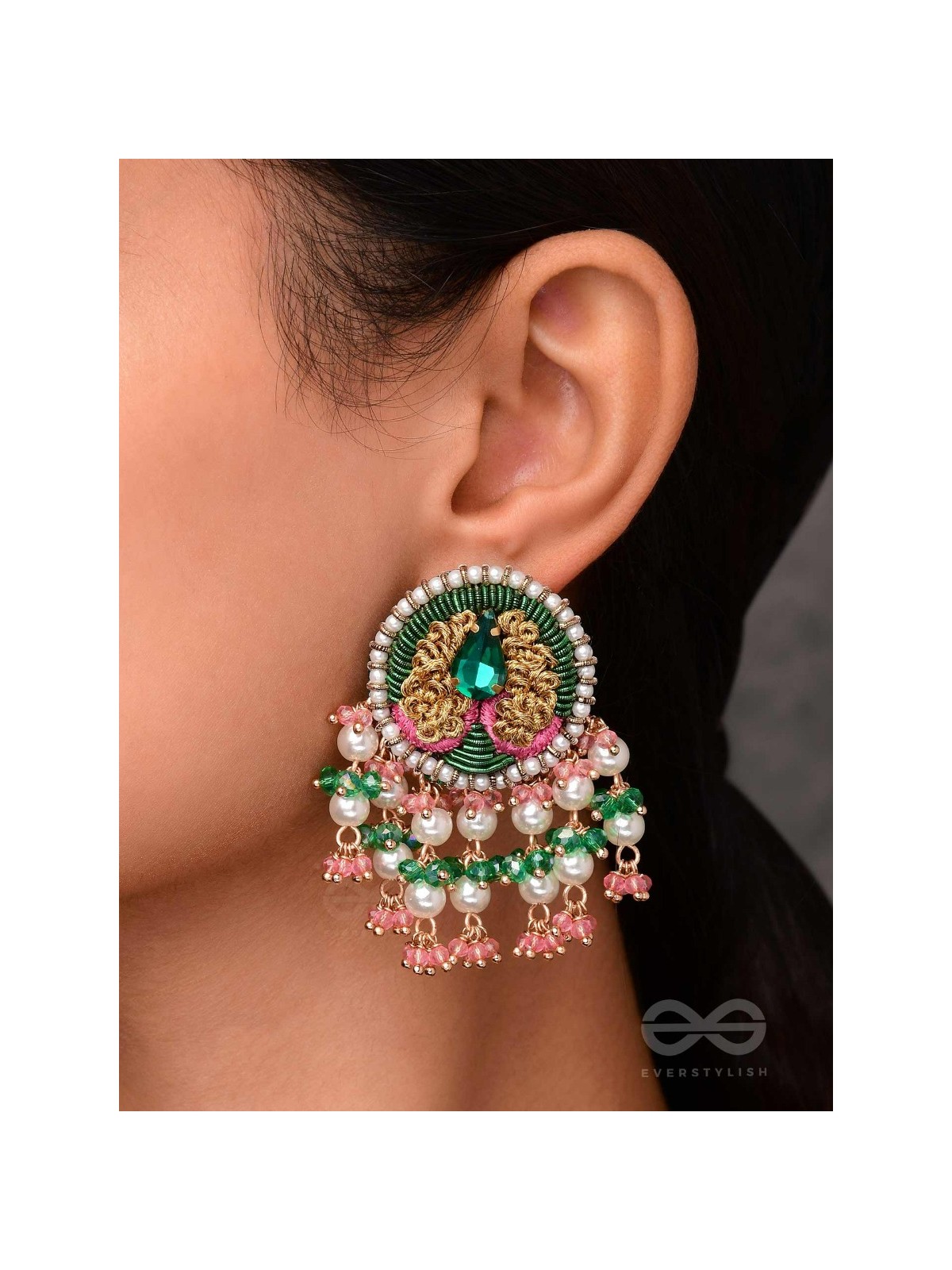 VARNANANDINI - THE COLORFUL DELIGHT - STONE, PEARLS AND BEADS EMBROIDERED EARRINGS (GREEN & PINK)