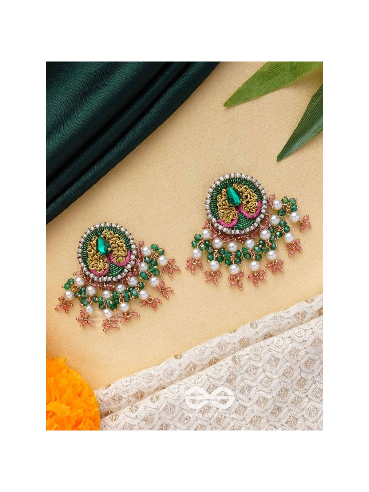VARNANANDINI - THE COLORFUL DELIGHT - STONE, PEARLS AND BEADS EMBROIDERED EARRINGS (GREEN & PINK)