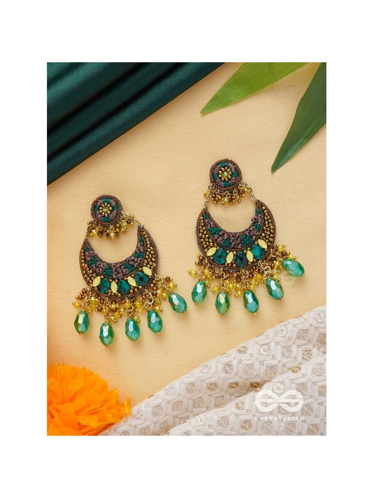 Sajivika - The Lively Dreamdrops - Beads And Glass Drops Hand Embroidered Earrings (Green & Golden)