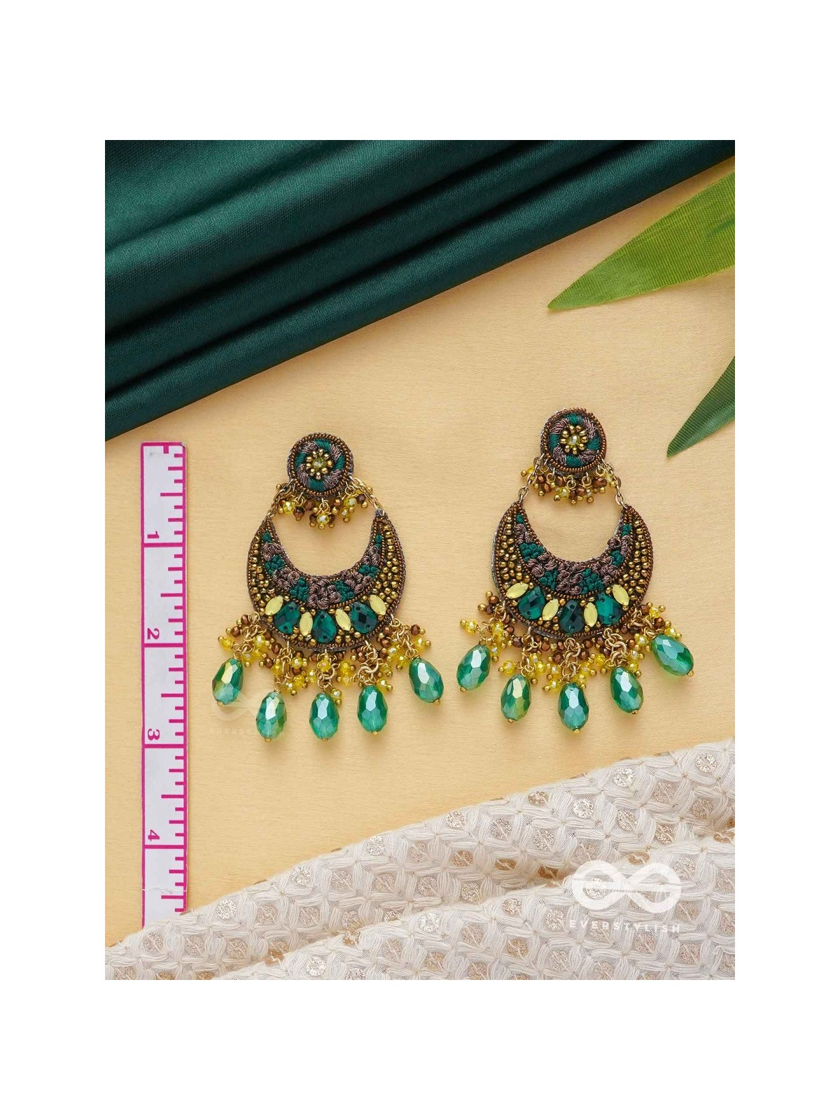Sajivika - The Lively Dreamdrops - Beads And Glass Drops Hand Embroidered Earrings (Green & Golden)