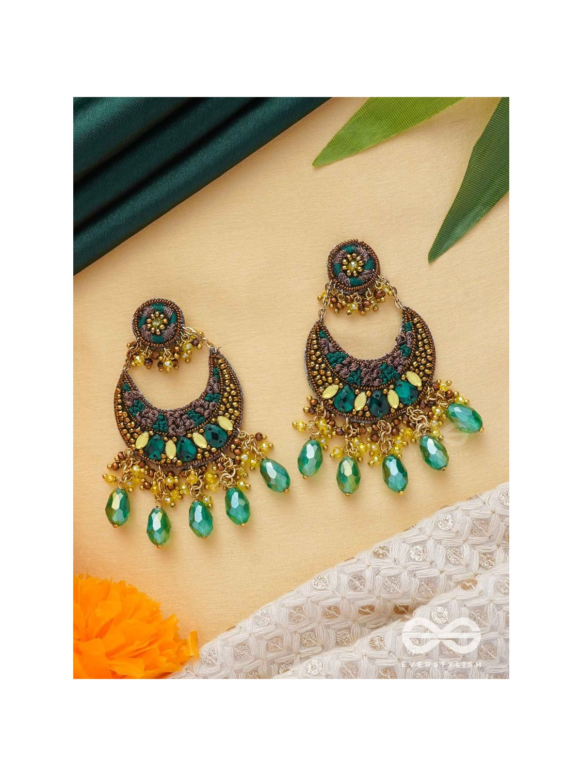 Sajivika - The Lively Dreamdrops - Beads And Glass Drops Hand Embroidered Earrings (Green & Golden)