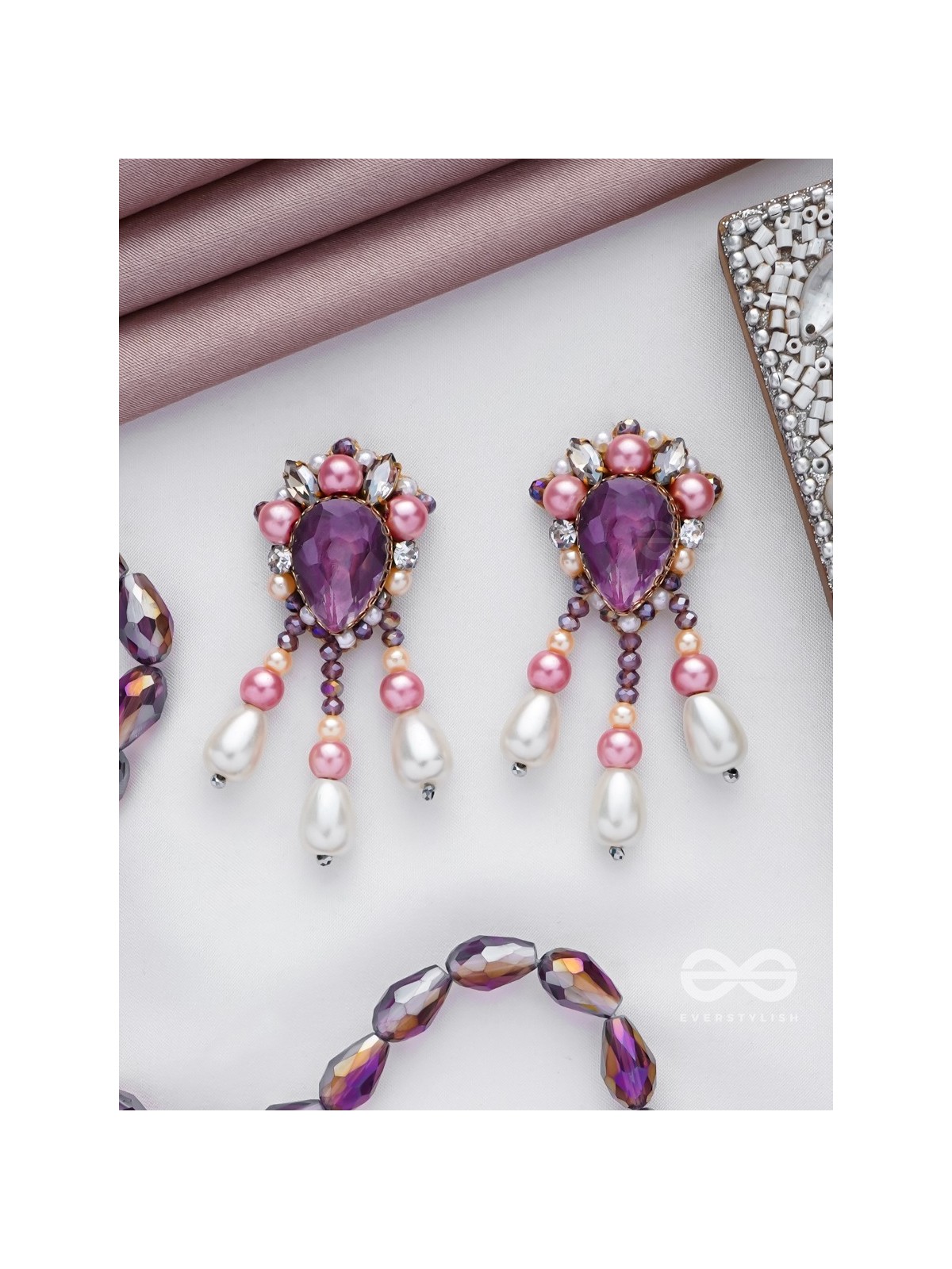 UTTARAVAIRI - THE DUSKY ELEGANCE - STONES, PEARLS AND BEADS EMBROIDERED EARRINGS