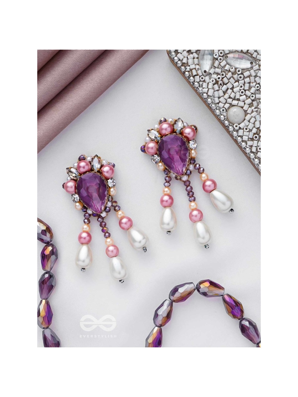 UTTARAVAIRI - THE DUSKY ELEGANCE - STONES, PEARLS AND BEADS EMBROIDERED EARRINGS