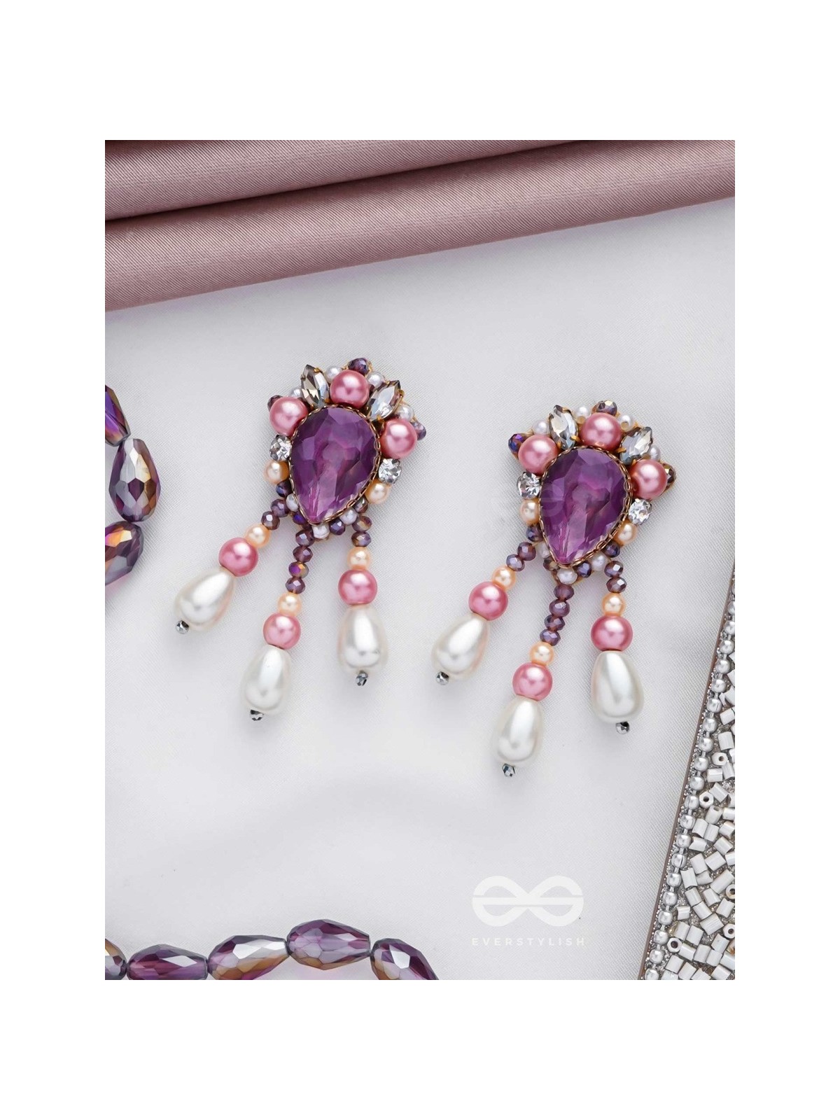 UTTARAVAIRI - THE DUSKY ELEGANCE - STONES, PEARLS AND BEADS EMBROIDERED EARRINGS