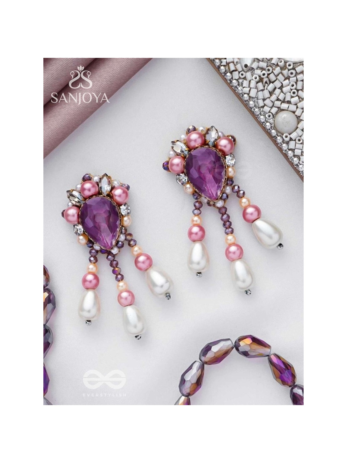 UTTARAVAIRI - THE DUSKY ELEGANCE - STONES, PEARLS AND BEADS EMBROIDERED EARRINGS
