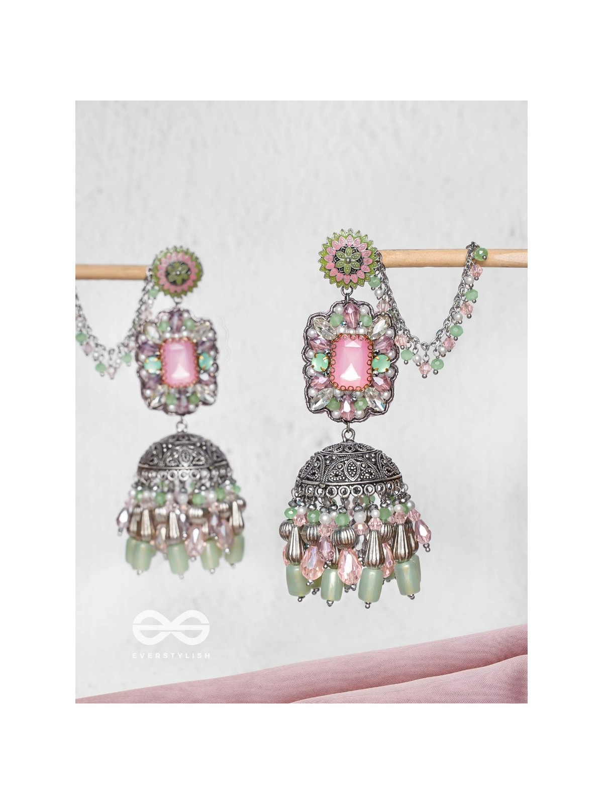 Abhivars - A Shower Of Blossom - Stone And Beads Oxidised And Hand Embroidered Jhumka Earrings