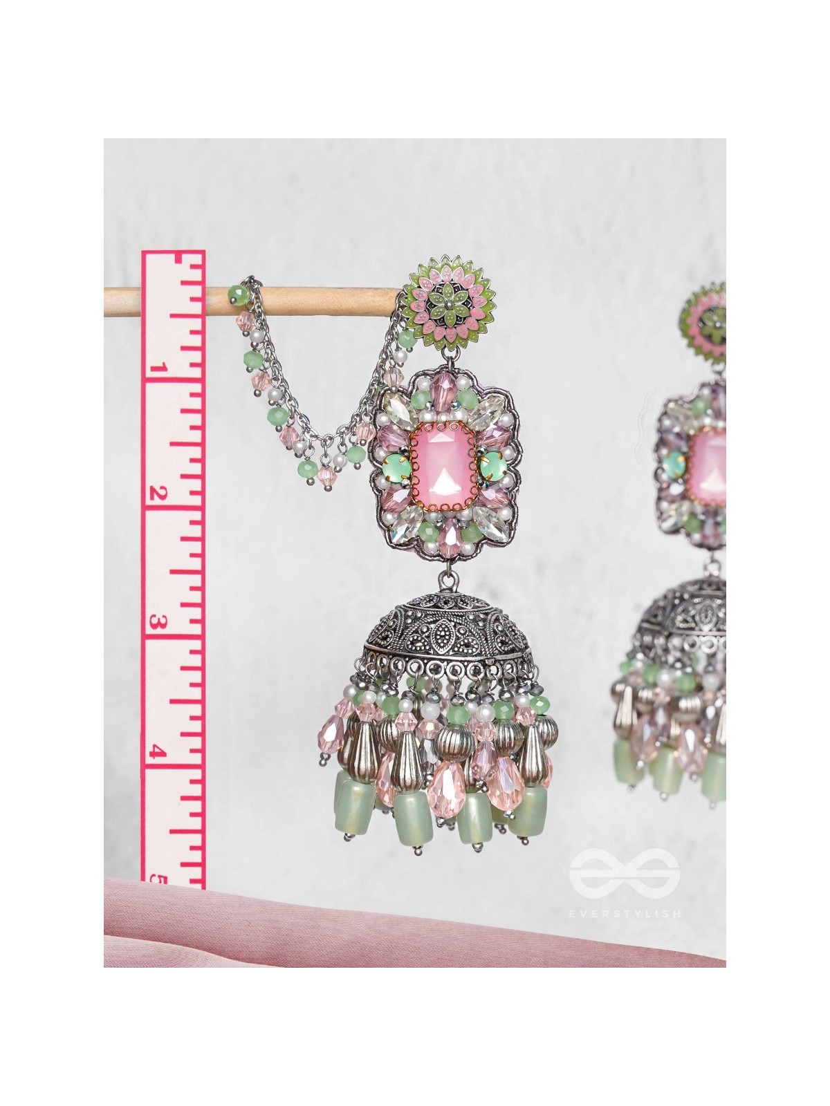 Abhivars - A Shower Of Blossom - Stone And Beads Oxidised And Hand Embroidered Jhumka Earrings