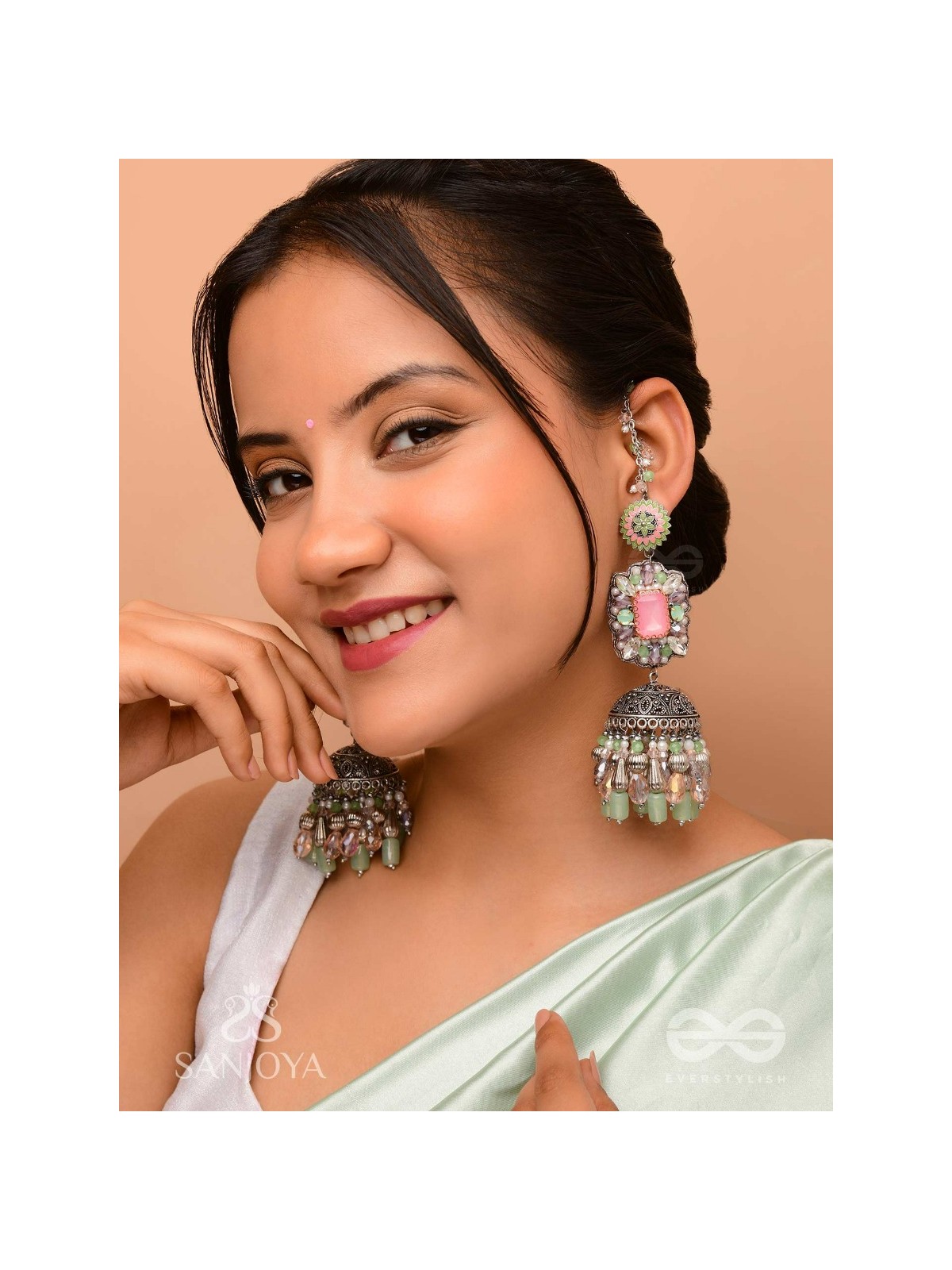 Abhivars - A Shower Of Blossom - Stone And Beads Oxidised And Hand Embroidered Jhumka Earrings