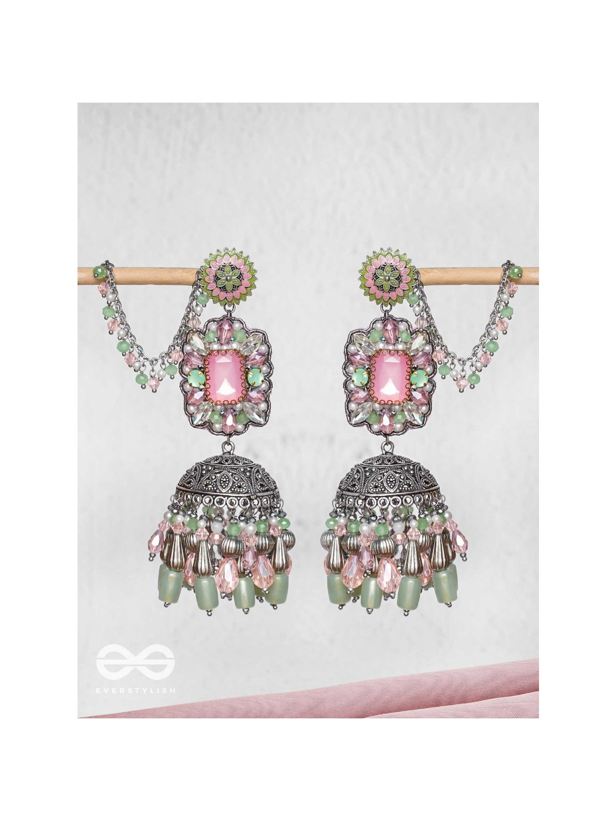 Abhivars - A Shower Of Blossom - Stone And Beads Oxidised And Hand Embroidered Jhumka Earrings