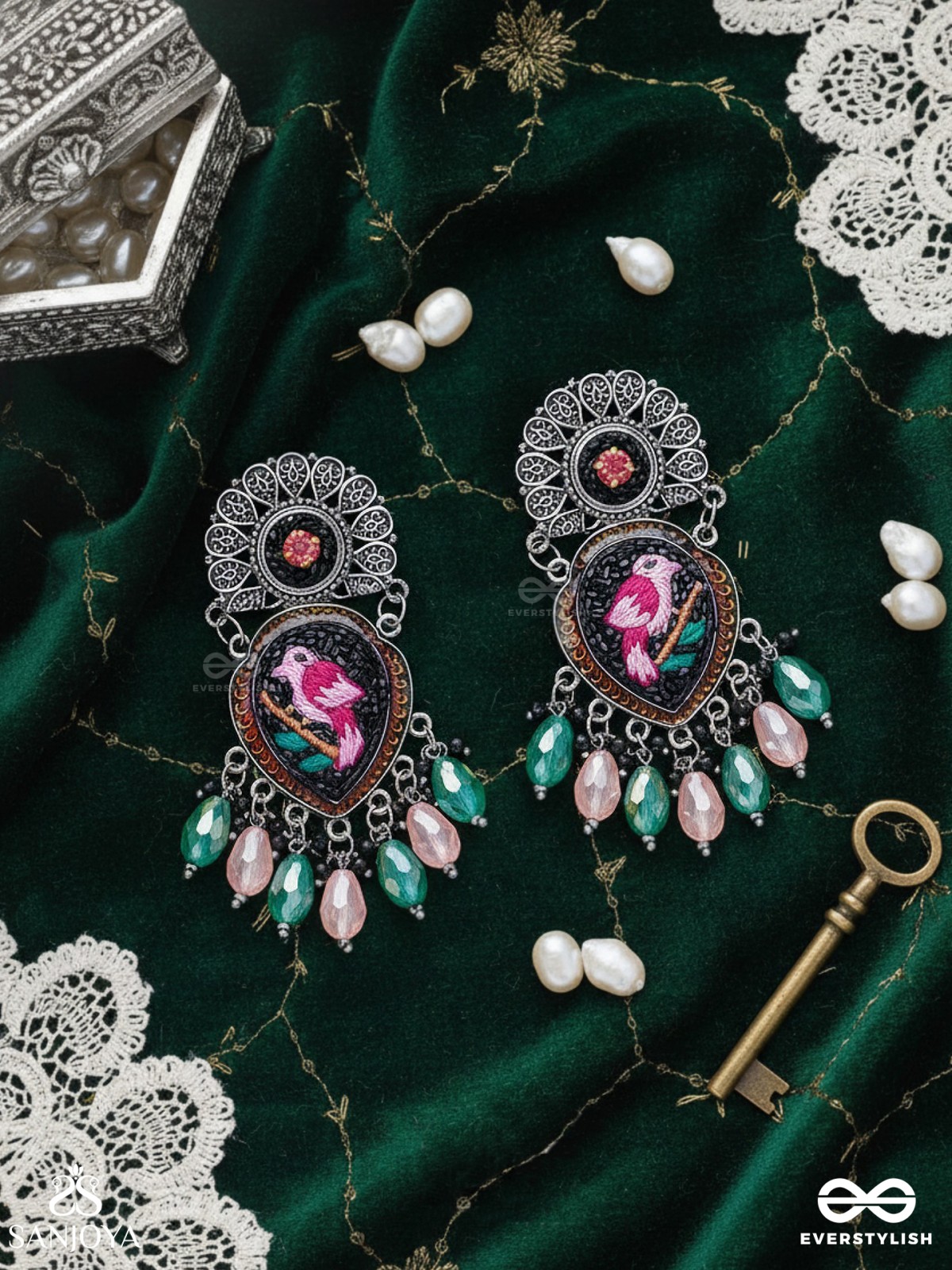 VIHANGIKA - FEATHERED FLIGHT ELEGANCE - STONE, GLASS DROPS AND RESHAM EMBROIDERED AND OXIDISED EARRINGS