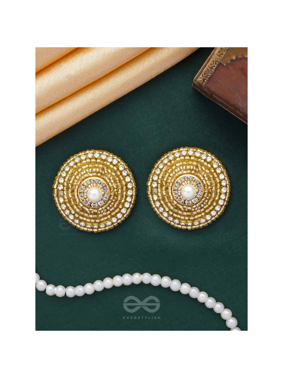 PRABHAKARINI - THE ILLUMINATING GOLDEN - PEARLS AND BEADS EMBROIDERED STUD EARRINGS